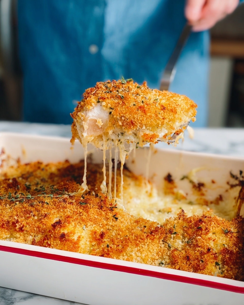 A close-up view shows a golden brown, crispy breadcrumb crust on top of a baked dish in a white baking dish with a red edge. The top layer is crunchy with bits of herbs, giving it texture and color variation from light to darker golden brown. A piece of the dish is lifted by woman's hand with a spatula, revealing the gooey, melted cheese underneath stretching in thin strings, and a creamy white layer beneath the crust. The background has a soft focus of a person in a blue shirt, and the dish sits on a white marbled surface. Photo taken with an iphone --ar 4:5 --v 7