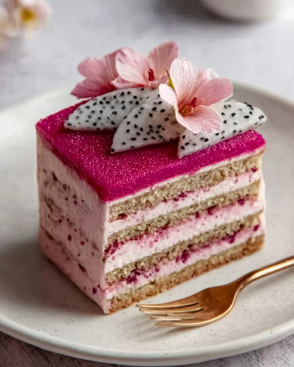 A square slice of cake sits on a white plate with a white marbled texture in the background. The cake has six visible layers: alternating layers of light brown sponge cake and pale pink cream. The top layer is decorated with a thin dark pink layer, topped with a piece of white dragon fruit speckled with black seeds, and a small light pink flower with delicate petals. A bronze fork rests beside the cake on the plate. The photo taken with an iphone --ar 4:5 --v 7