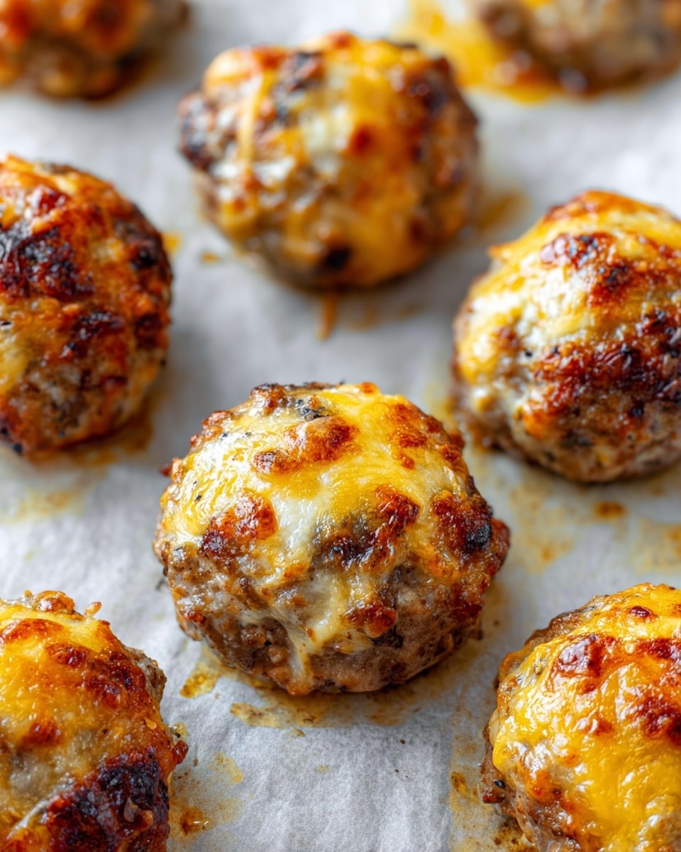 The image shows several round, baked cheese-topped meatballs on a sheet of parchment paper. Each meatball has a golden brown crispy layer of melted cheese on top, with some darker browned spots adding texture. The meatballs themselves are browned and slightly uneven in shape, with visible bits of herbs and small chunks inside. The parchment paper underneath is slightly stained with oil, enhancing the appetizing look of the freshly baked meatballs. The background is a white marbled texture. photo taken with an iphone --ar 4:5 --v 7