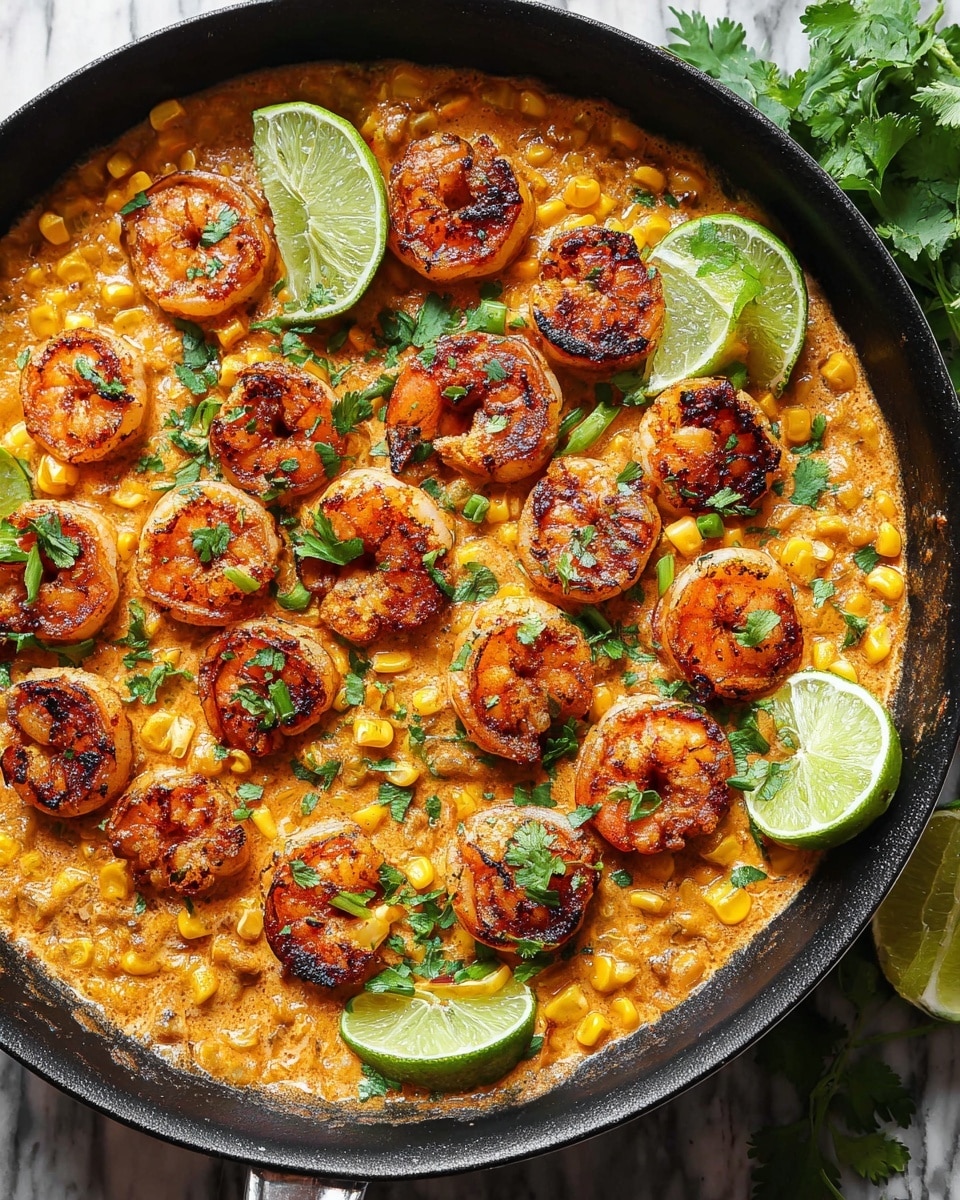 A black pan filled with a creamy, orange-colored sauce that has visible corn kernels both whole and in small cut pieces, creating a textured base layer. On top, there is a layer of browned, grilled shrimp arranged evenly around the pan, each shrimp showing a slightly charred surface with a rich orange-brown color. Scattered throughout are fresh green cilantro leaves adding a vibrant touch. Lime wedges with bright green skins and pale green flesh are placed on the sauce, providing contrast and freshness. The pan is resting on a white marbled texture surface. Photo taken with an iphone --ar 4:5 --v 7