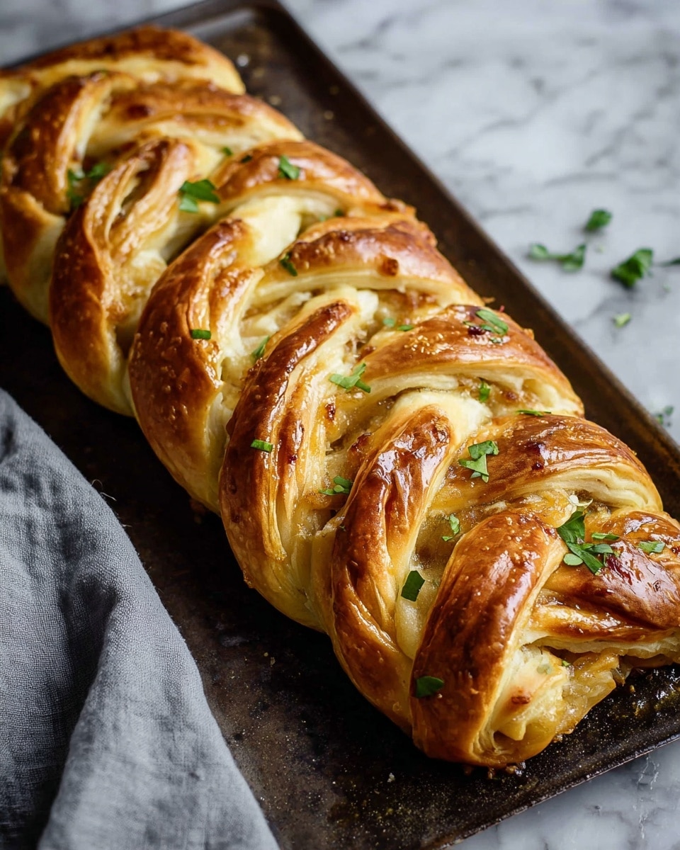 A golden brown braided pastry sits on a dark baking tray, each strip of the flaky crust interwoven with visible light-colored filling beneath. The crust shows shiny, slightly crispy texture with small fresh green herb leaves scattered on top, adding pops of color. The braided layers have a mix of smooth and crispy surfaces with uneven browning that highlights the puff pastry’s airy layers. The tray is set on a white marbled texture surface with a soft gray cloth nearby. photo taken with an iphone --ar 4:5 --v 7