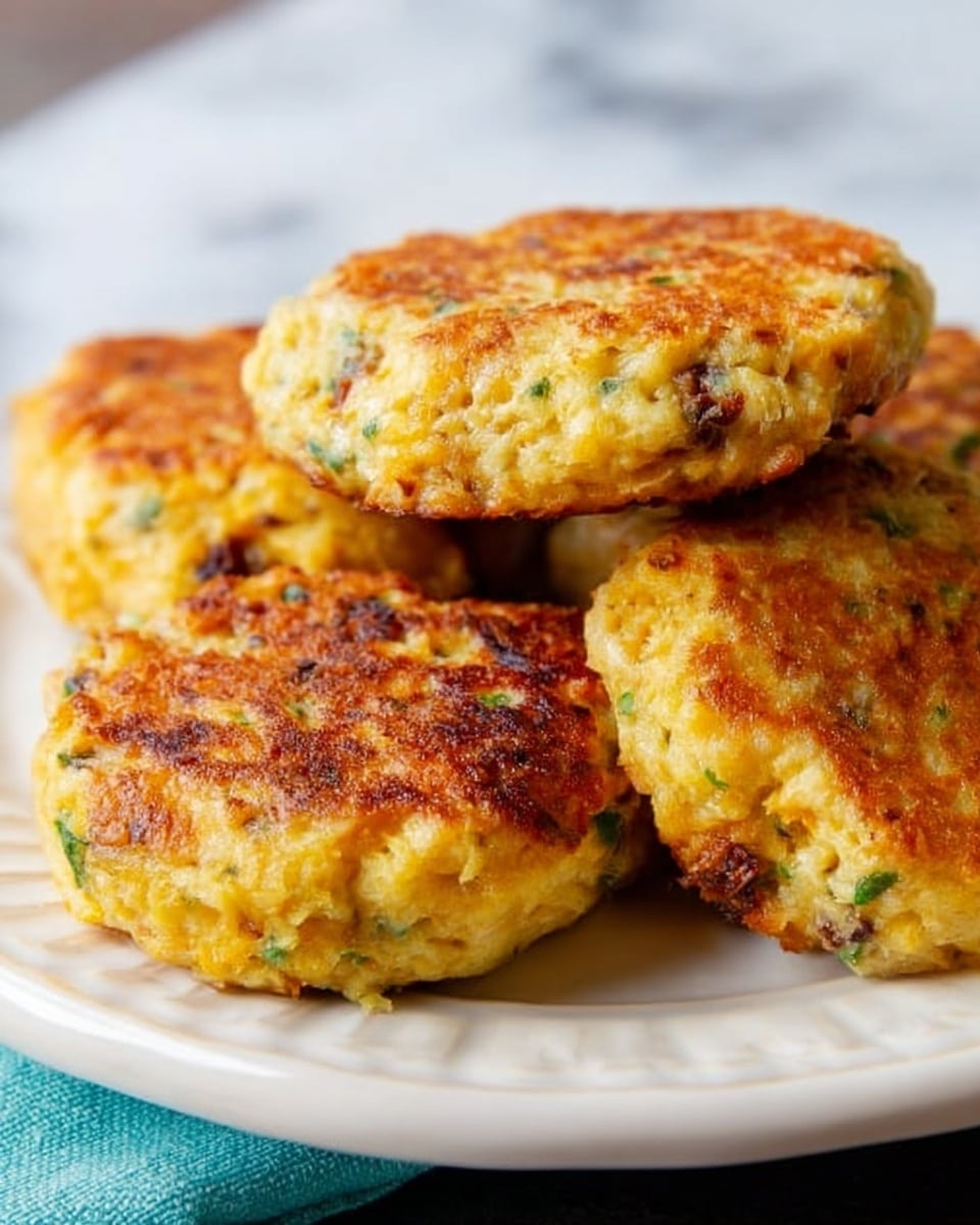 The image shows five golden-brown cheesy biscuits with green herbs and small bits of meat or vegetables baked into them. Four of the biscuits are stacked on a round white plate with a soft blue tint, while one biscuit rests on the surface next to the plate. The biscuits have a slightly rough texture with melted cheese forming a crispy top layer. In the background, there is a black baking tray with more biscuits on it placed on a light beige patterned cloth, all set on a white marbled textured surface. photo taken with an iphone --ar 4:5 --v 7