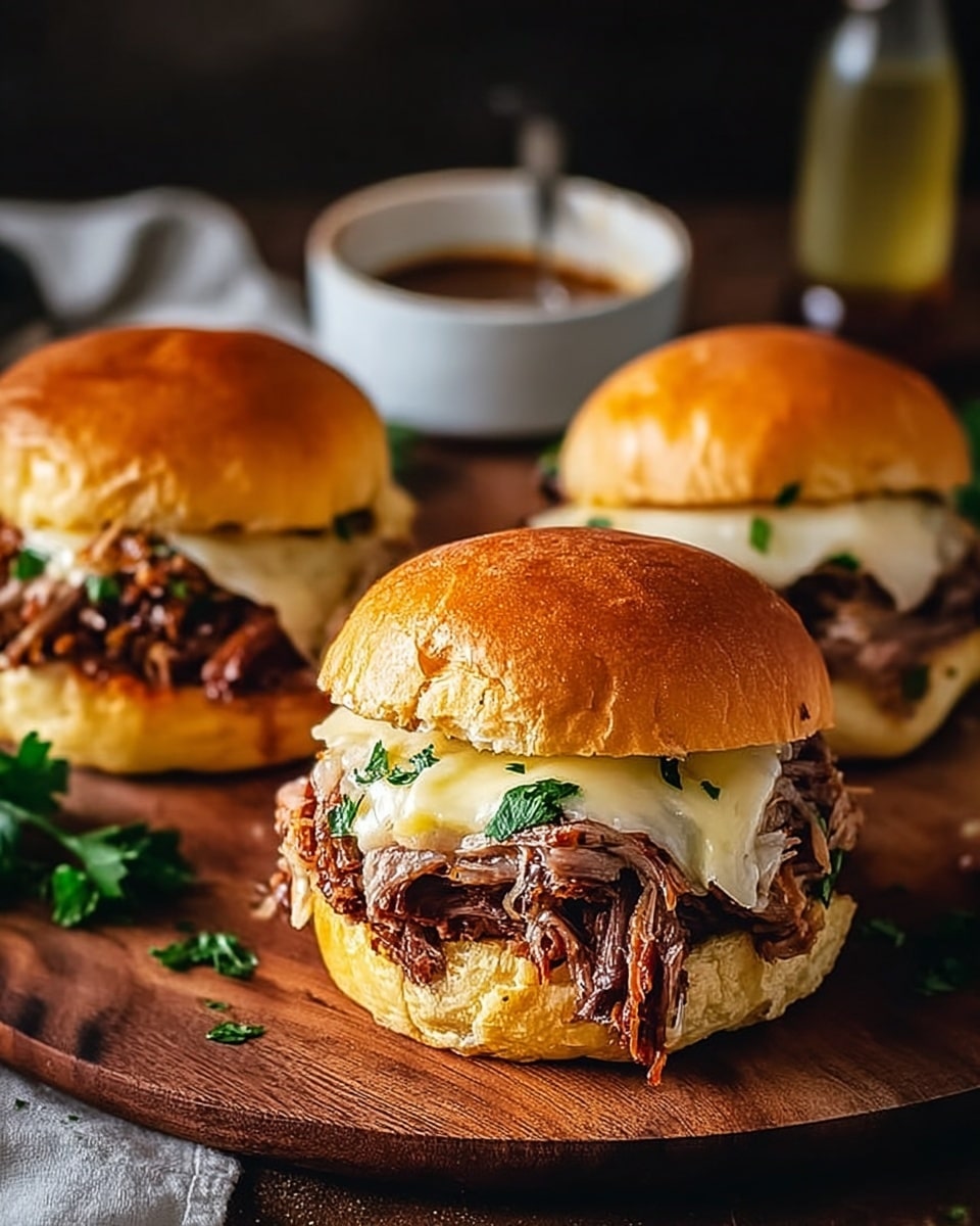 Three pulled pork sandwiches sit on a round wooden board over a white marbled surface, each sandwich built with three layers: a soft, golden-brown top bun with a smooth shiny texture, a thick layer of juicy shredded pulled pork that looks tender and slightly moist, and a slice of melted pale yellow cheese with small bits of green parsley on top. The bottom bun is slightly squished and golden like the top, holding the filling tightly. In the background, a small white bowl with a sauce and a bottle can be seen blurred. The lighting gives a warm and inviting look to the sandwiches. photo taken with an iphone --ar 4:5 --v 7