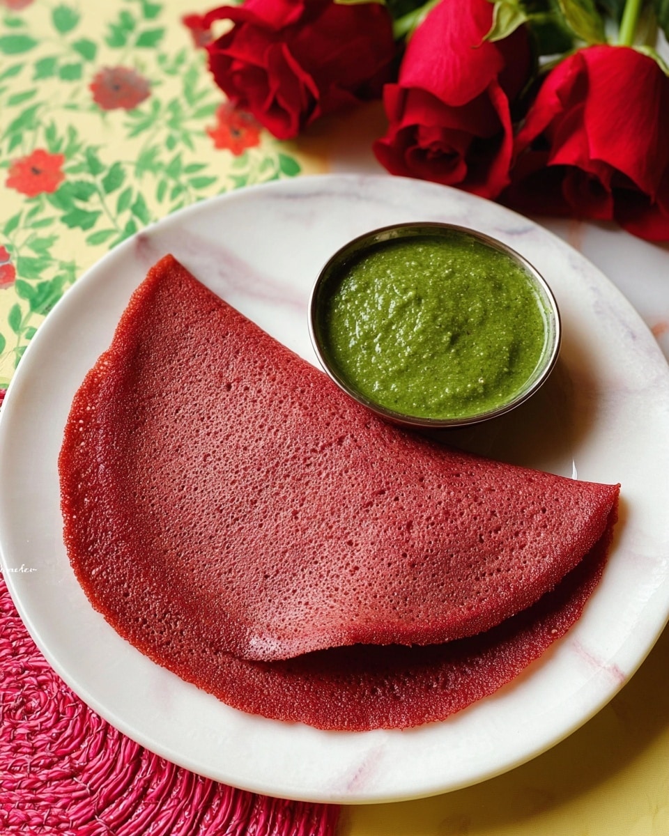 Two folded deep red crepes with a soft, slightly textured surface rest side by side on a large white plate, each crepe thin and smooth with subtle edge irregularities. Next to them is a small round steel bowl filled with thick, vibrant green chutney that has a slightly chunky texture. The plate sits on a white marbled surface decorated with scattered bright red roses, a green leafy pattern, a red woven coaster, and a pink woven placemat, adding contrast and color around the plate. photo taken with an iphone --ar 4:5 --v 7