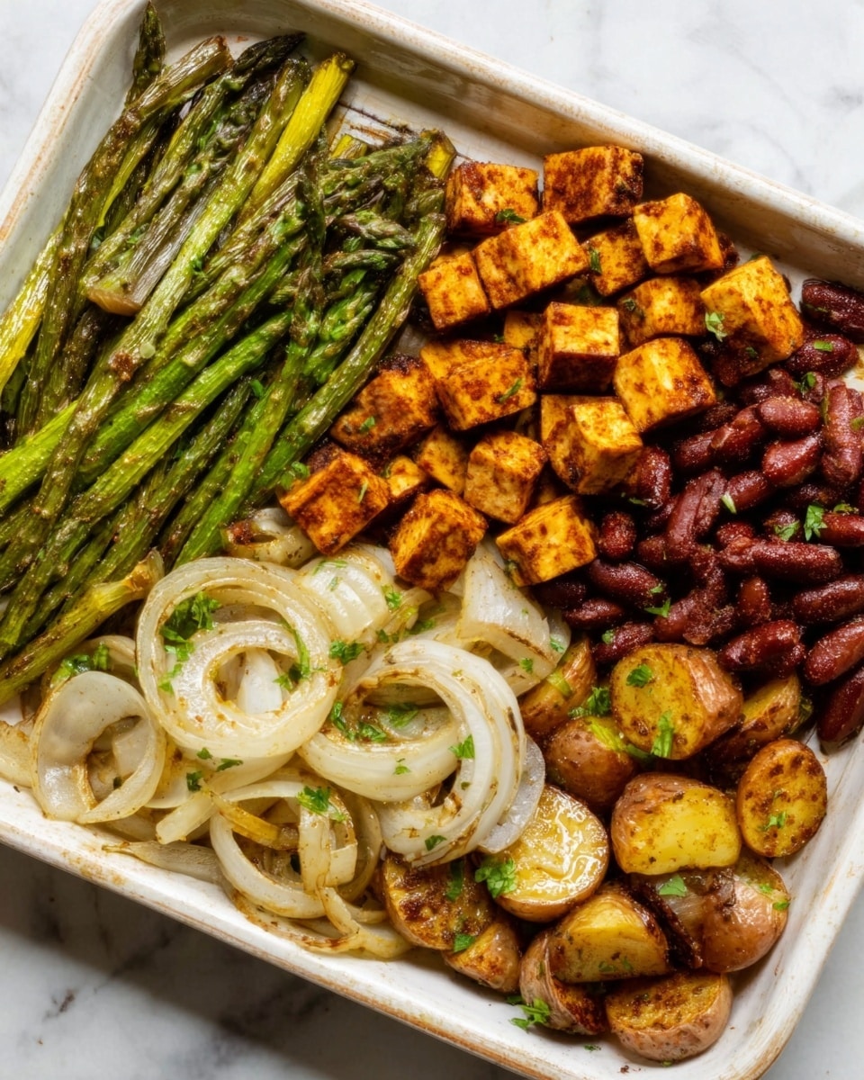 A white rectangular tray holds a colorful mix of food in four distinct sections. The top right corner has green roasted asparagus with a slight shine and charred tips. Next to it on the left are small, evenly cut golden-brown tofu cubes with a crispy texture. On the bottom right are roasted golden-brown potato slices with some darker edges, mixed with reddish-brown roasted kidney beans. The left side of the tray is filled with soft, translucent cooked onion slices garnished with small green herbs. A white marbled surface is visible around the tray. Photo taken with an iphone --ar 4:5 --v 7