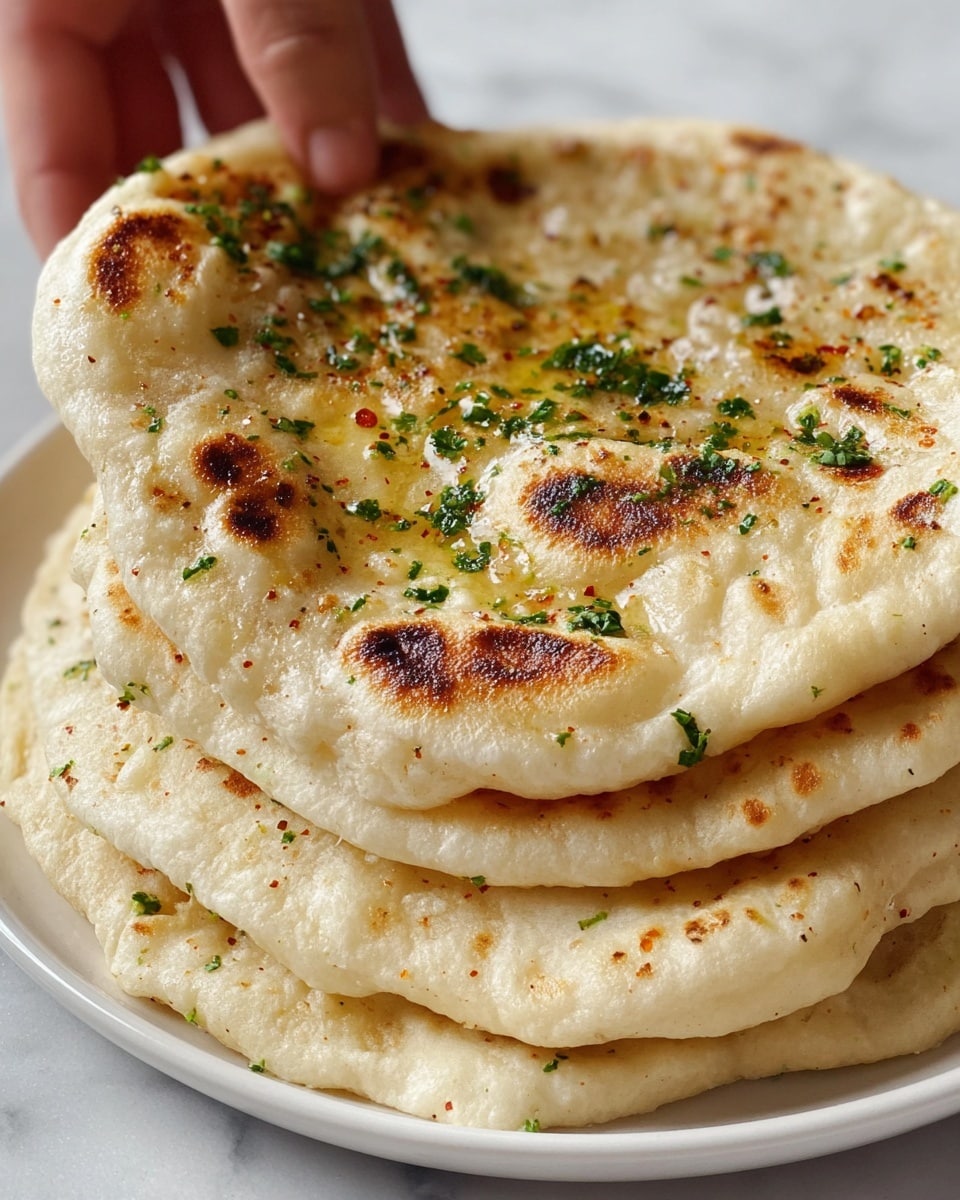 The image shows a stack of five soft, thick flatbreads on a white plate. Each flatbread has a light golden-brown char with slightly bubbly texture and uneven surface. The top flatbread is brushed with melted butter or oil, sprinkled with chopped green herbs, possibly parsley or cilantro, and finely ground spices including black pepper and red chili flakes. A woman's hand is lifting the top flatbread, showing its soft, flexible texture. The scene is set against a white marbled background. photo taken with an iphone --ar 4:5 --v 7