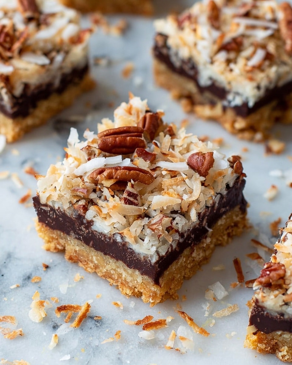 The image shows close-up of a square dessert bar with four visible layers. The bottom layer is a golden-brown crumbly crust, followed by a thick dark chocolate layer. Above this is a white creamy layer with visible shredded toasted coconut and chopped nuts including pecans scattered on top. The textures look crunchy and chewy with nuts and coconut pieces spread unevenly on the top layer. The dessert squares are placed on a white marbled surface with some crumbs scattered around. Photo taken with an iphone --ar 4:5 --v 7
