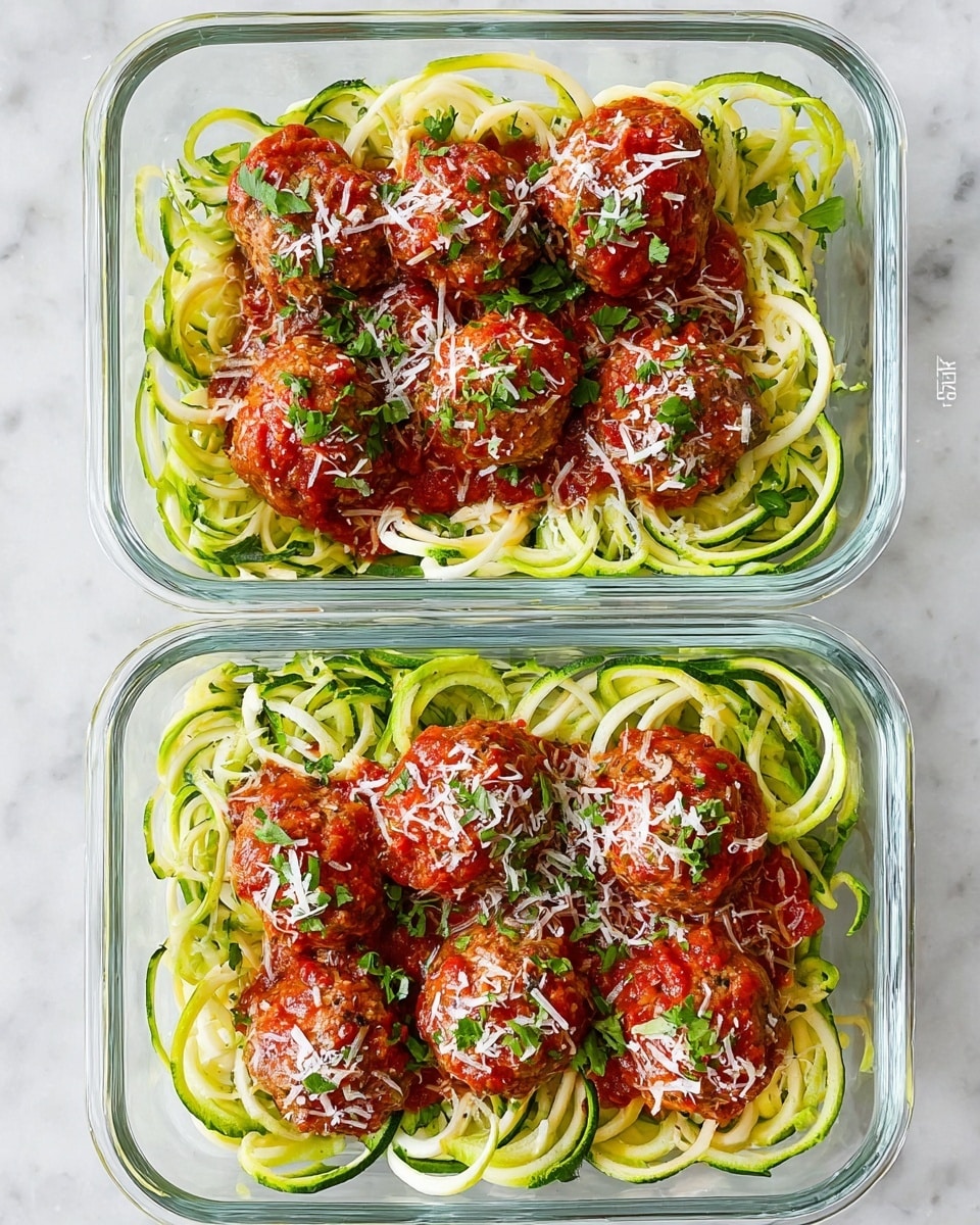 The image shows two rectangular clear glass containers placed on a white marbled surface, each filled with a dish made of spiralized zucchini noodles at the base, which are pale green with some darker green skin showing. On top of the noodles, there are five evenly spaced round meatballs covered in a rich red tomato sauce. The meatballs are sprinkled generously with white grated cheese and chopped fresh green herbs. The colors create a fresh and vibrant look with the mix of green noodles, red sauce, white cheese, and green herbs. photo taken with an iphone --ar 4:5 --v 7