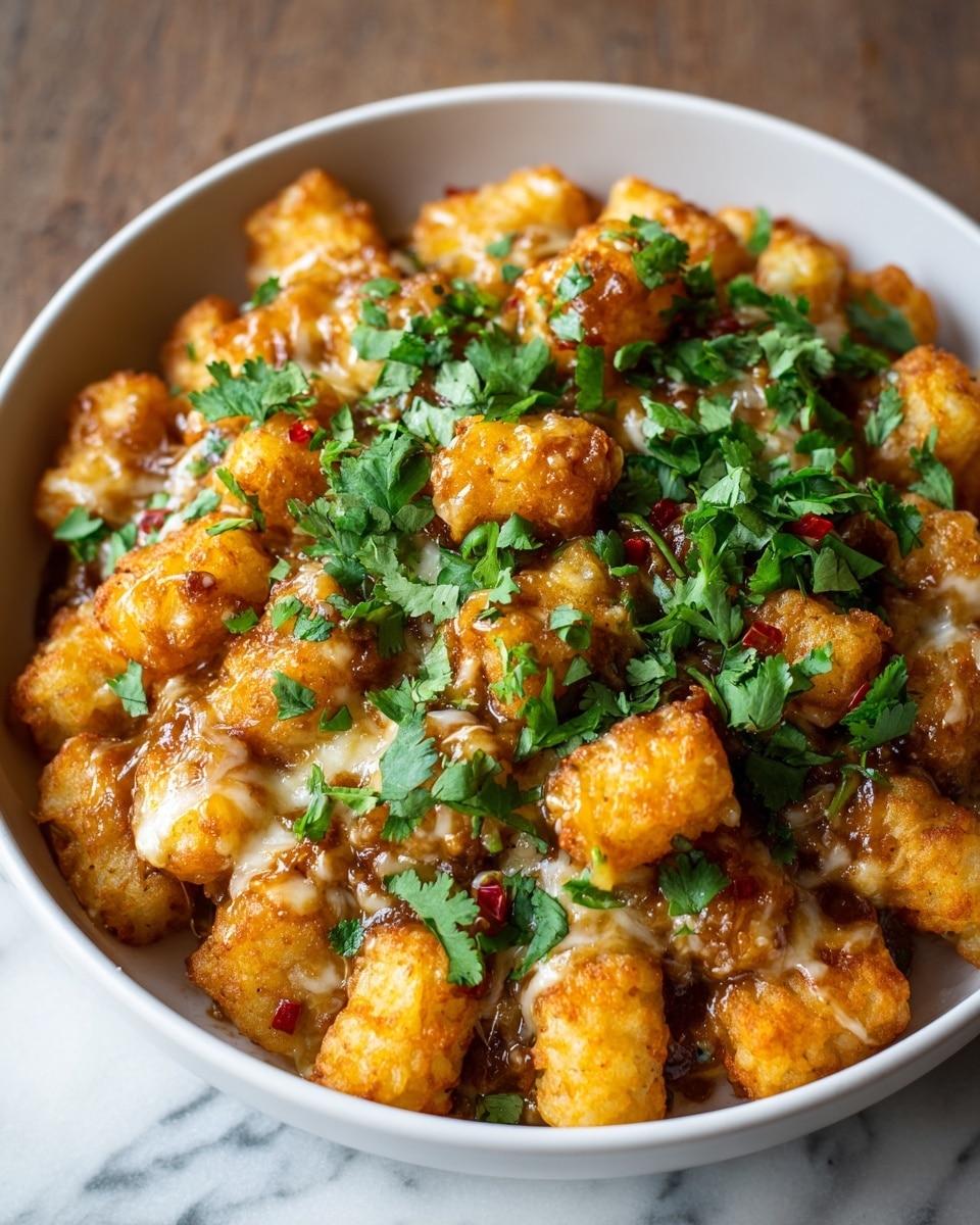 A white bowl is filled with golden crispy tater tots that make a thick bottom layer. Over the tater tots is a layer of melted cheese that looks gooey and stringy, covering most pieces. On top of that is a layer of brown gravy mixed with small bits of red and green, giving a rich sauce texture. Fresh green cilantro leaves are scattered generously over everything, adding a bright color contrast. The background surface has a white marbled texture. photo taken with an iphone --ar 4:5 --v 7