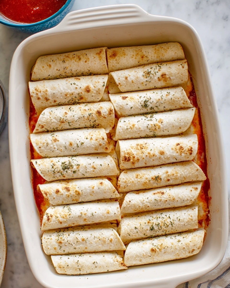 A white baking dish filled with ten rolled tortillas arranged neatly in two columns, covering the dish bottom. Each tortilla is light beige with small dark brown spots and sprinkled with greenish dried herbs and spices. Around the edges, some red sauce peeks through under the tortillas. The dish is placed on a white marbled surface, with part of a blue bowl containing red sauce visible at the corner. photo taken with an iphone --ar 4:5 --v 7