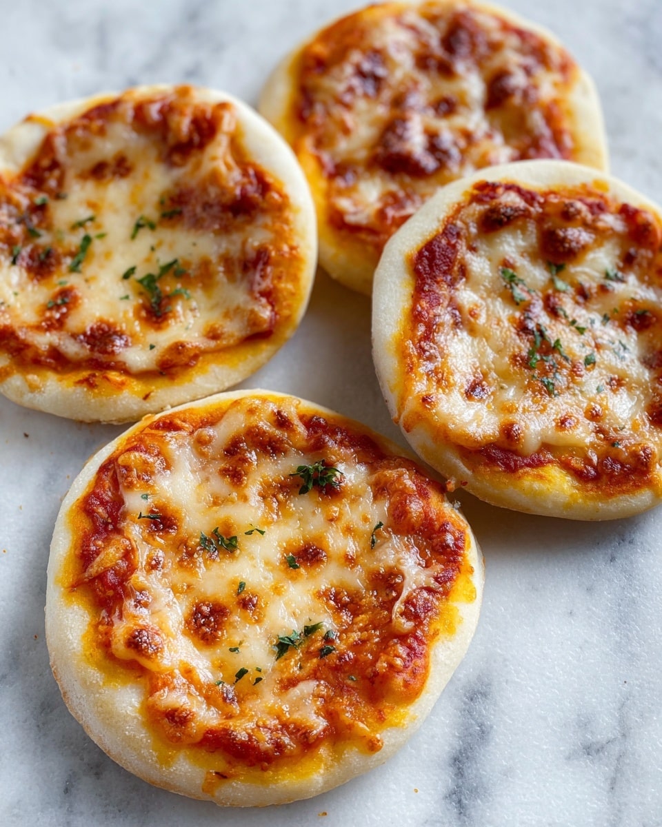 Four mini pizzas sit close together on a white marbled surface, each with a single thick dough layer topped by a vibrant orange-red tomato sauce spread evenly. Above the sauce is a thick, melted layer of golden-brown mozzarella cheese, bubbling with browned spots and soft, stretchy texture. Small bits of green herbs are sprinkled on top, adding a touch of color, with the crust slightly puffed and pale, showing a soft and fluffy texture around the edges. photo taken with an iphone --ar 4:5 --v 7