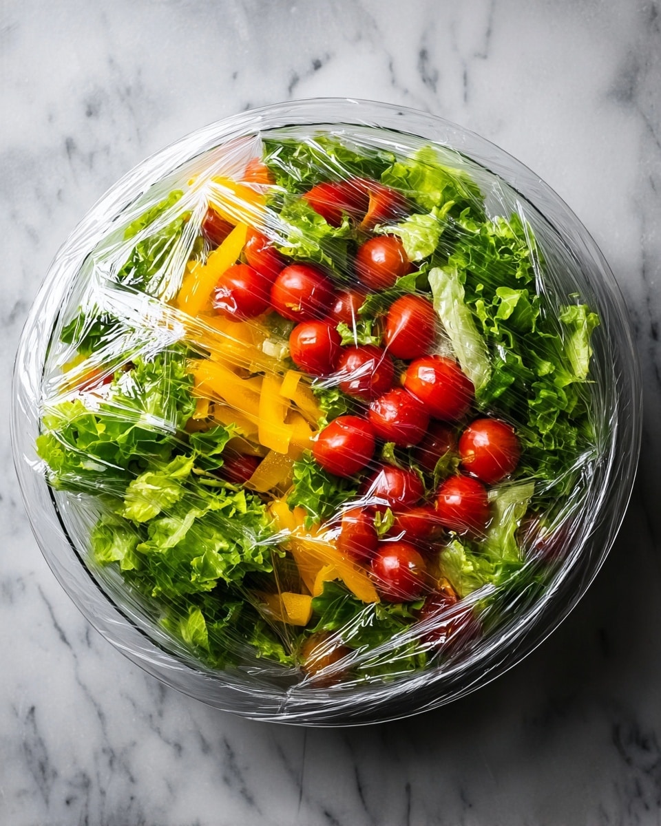 A clear glass bowl filled with fresh salad sits on a white marbled surface. The salad has three visible layers: the base layer is made of bright green leafy lettuce with a slightly ruffled texture, the middle layer contains chunks of yellow bell pepper adding a vibrant, smooth touch, and the top layer is scattered with halved cherry tomatoes showing a glossy red color with juicy interiors. The bowl is covered tightly with see-through plastic wrap that reflects light, creating shiny and crinkled patterns over the fresh vegetables. photo taken with an iphone --ar 4:5 --v 7