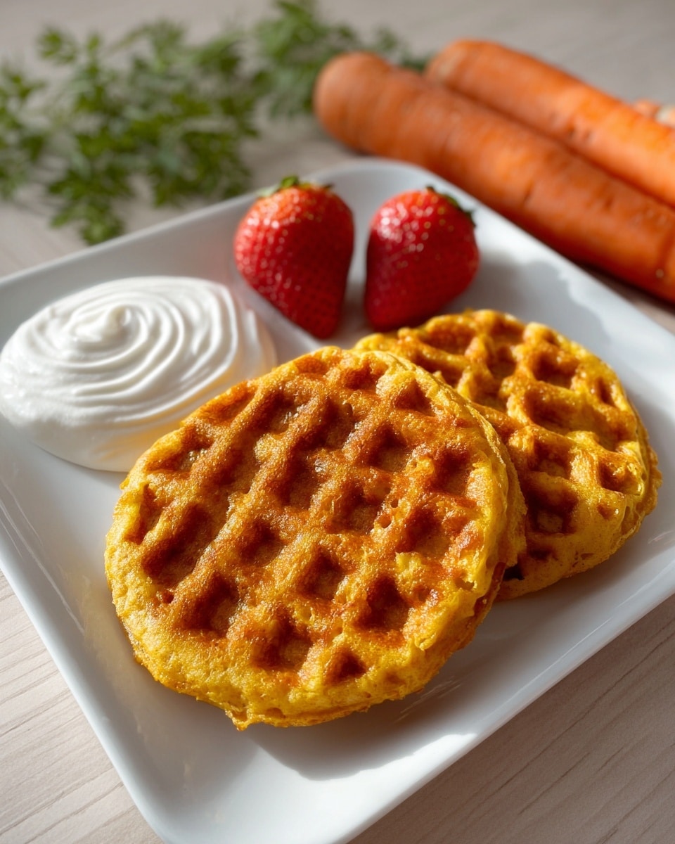 On a white square plate with rounded edges, there are two golden-brown waffles stacked slightly overlapping on the right side. The waffles have a crispy texture with small, deep square patterns. At the top left of the plate is a smooth dollop of white cream or yogurt with soft swirls. Above the waffles, there are two halved strawberries placed side by side, showing their red interior and tiny seeds. The plate sits on a white marbled surface, and in the background, two whole carrots and some green herb leaves are visible. photo taken with an iphone --ar 4:5 --v 7