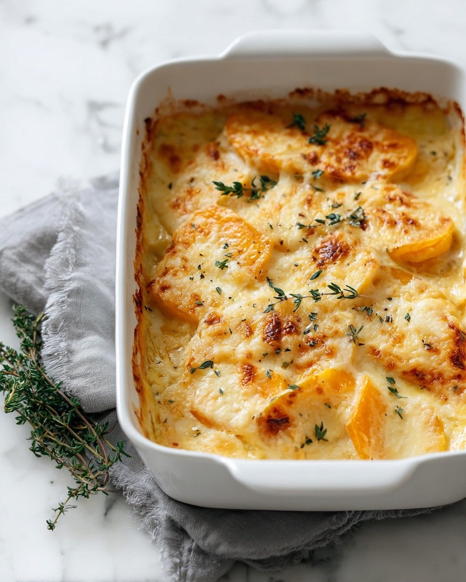 A white ceramic baking dish holds a creamy, golden potato gratin with about four visible layers. The top layer is covered with melted mozzarella cheese that is lightly browned in spots, giving it a bubbly, crispy texture. Beneath the cheese, thick slices of deep yellow butternut squash or sweet potato peek through, showing a soft and tender texture. Small green thyme leaves are scattered on the top, adding a touch of color. The dish rests on a white marbled surface with a few sprigs of fresh thyme nearby and a soft grey cloth folded close by. photo taken with an iphone --ar 4:5 --v 7