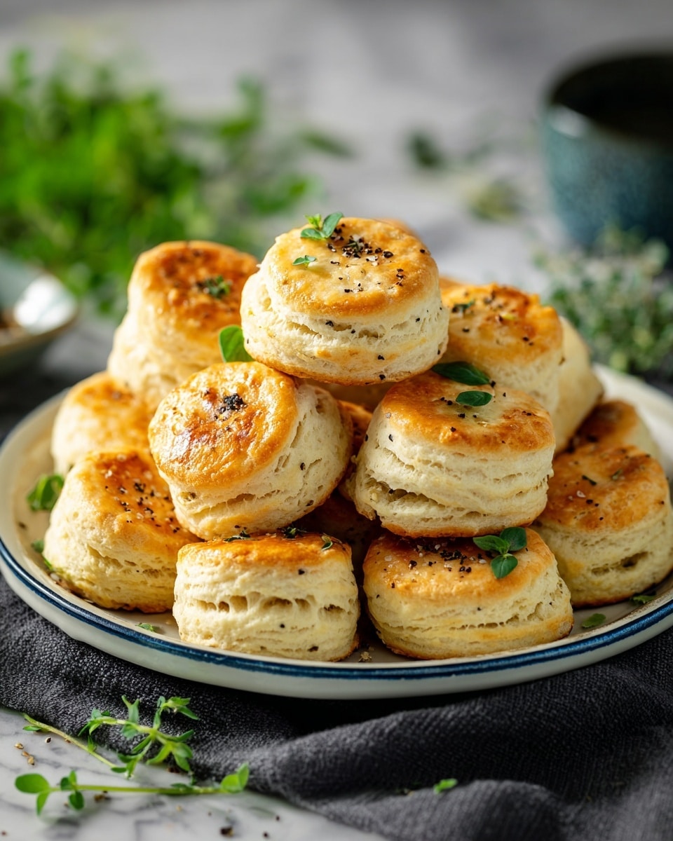 The image shows a pile of small round biscuits stacked on a white plate with a blue rim. Each biscuit has two layers: a light golden-brown top with a slightly shiny and crispy texture and a thicker, pale, fluffy bottom layer. Some biscuits have black pepper specks and tiny green herb leaves on top, adding a fresh touch. The biscuits look soft and flaky with uneven edges, indicating a homemade style. They are placed on a grey cloth on a white marbled surface with some green herbs scattered around. Photo taken with an iphone --ar 4:5 --v 7