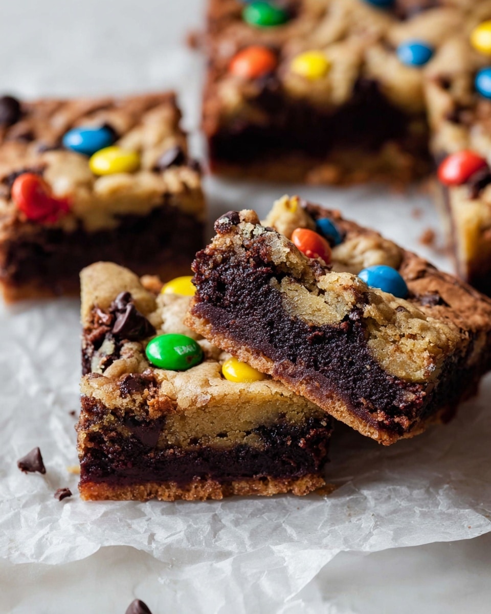 The image shows a close-up of square dessert bars with two layers: a dark, rich, fudgy brownie base and a lighter, golden brown cookie dough top layer studded with small colorful candy-coated chocolates (red, yellow, blue, green, and orange) and chocolate chips. One bar is cut diagonally and slightly lifted, showing the thick, moist brownie layer beneath the soft, chewy cookie topping. The bars rest on crumpled parchment paper placed on a white marbled surface. Photo taken with an iphone --ar 4:5 --v 7