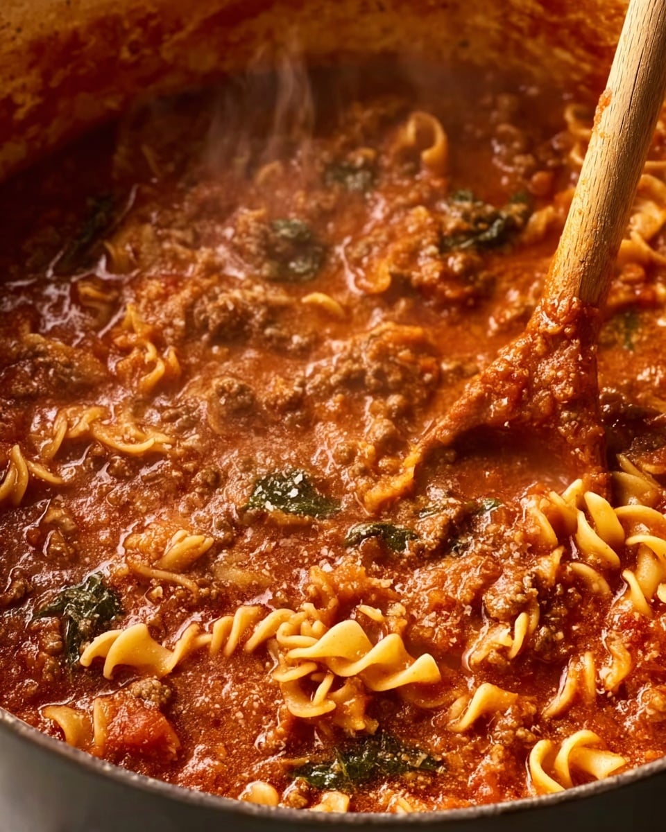 A close-up view of a thick, steaming pot of rich, red tomato sauce with textured layers of browned ground meat, pieces of spiral-shaped pasta, and scattered dark green leafy herbs. The sauce looks hearty and chunky, bubbling gently, while a wooden spoon stirs the mixture, coated with sauce and bits of pasta. The inside rim of the pot has a warm gradient of sauce residue, showing slow cooking. The colors are deep red, brown, and green, with a slightly glossy finish from the sauce’s oil and heat. photo taken with an iphone --ar 4:5 --v 7