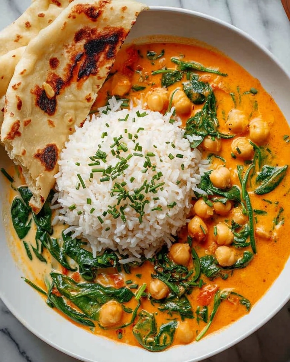 A rustic brown bowl filled halfway with white rice sprinkled with red chili flakes on the right side, next to a steaming chickpea and spinach curry with a yellow-green broth and soft fresh green spinach leaves mixed with round, light tan chickpeas, placed on a white marbled surface. To the left of the bowl, there is a stack of lightly charred, golden flatbreads with burnt spots and a fluffy texture. Photo taken with an iphone --ar 4:5 --v 7