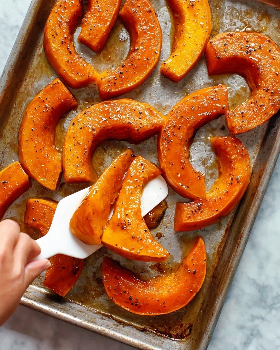 A metal baking tray filled with several roasted slices of bright orange pumpkin, each piece glossy with a sticky glaze and speckled with black pepper. The pumpkin slices vary in size and shape, some crescent-shaped and others more triangular, all with a soft, slightly caramelized texture. A woman's hand is seen holding a white spatula, lifting one piece from the tray. The tray sits on a white marbled surface, adding a clean contrast to the warm tones of the pumpkin. photo taken with an iphone --ar 4:5 --v 7