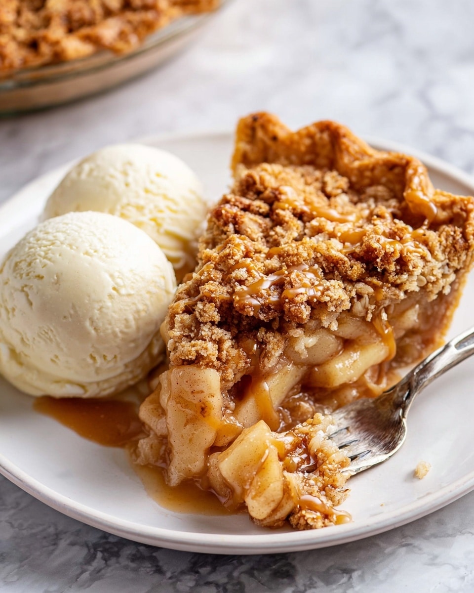 A white plate with a thick slice of apple crumble pie showing three main layers: a crimped golden-brown crust at the bottom, a middle layer of soft, cinnamon-spiced apple chunks in light brown and pale yellow tones, and a top layer of crumbly oat and nut streusel in golden and tan shades, drizzled with caramel sauce. Next to the pie is a scoop of creamy white vanilla ice cream with visible vanilla bean specks. A silver fork with a piece of pie and apple rests beside the ice cream. The plate sits on a white marbled surface. Photo taken with an iphone --ar 4:5 --v 7
