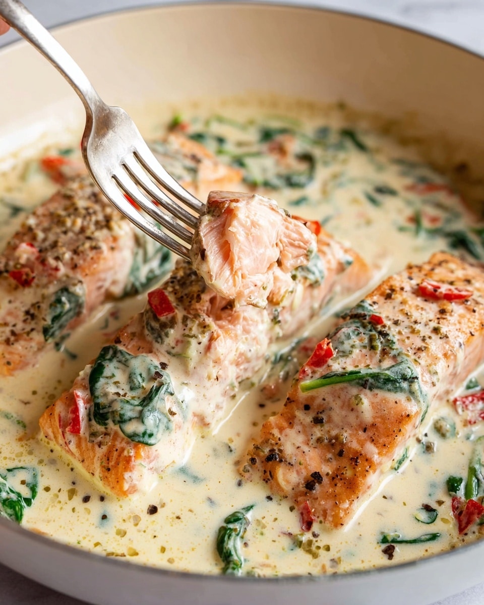 This image shows three pieces of cooked salmon in a white pan, covered with a creamy sauce. Each salmon piece is light pink with a slight char and sprinkled black pepper on top, partially covered by a thick, white creamy sauce with visible textures of spinach leaves and red bell pepper pieces. The sauce has a smooth and rich appearance with small green and red bits mixed in. A woman’s hand holds a fork that is lifting one piece of salmon, showing the layers of juicy salmon meat and creamy sauce. The background surface is a white marbled texture. photo taken with an iphone --ar 4:5 --v 7
