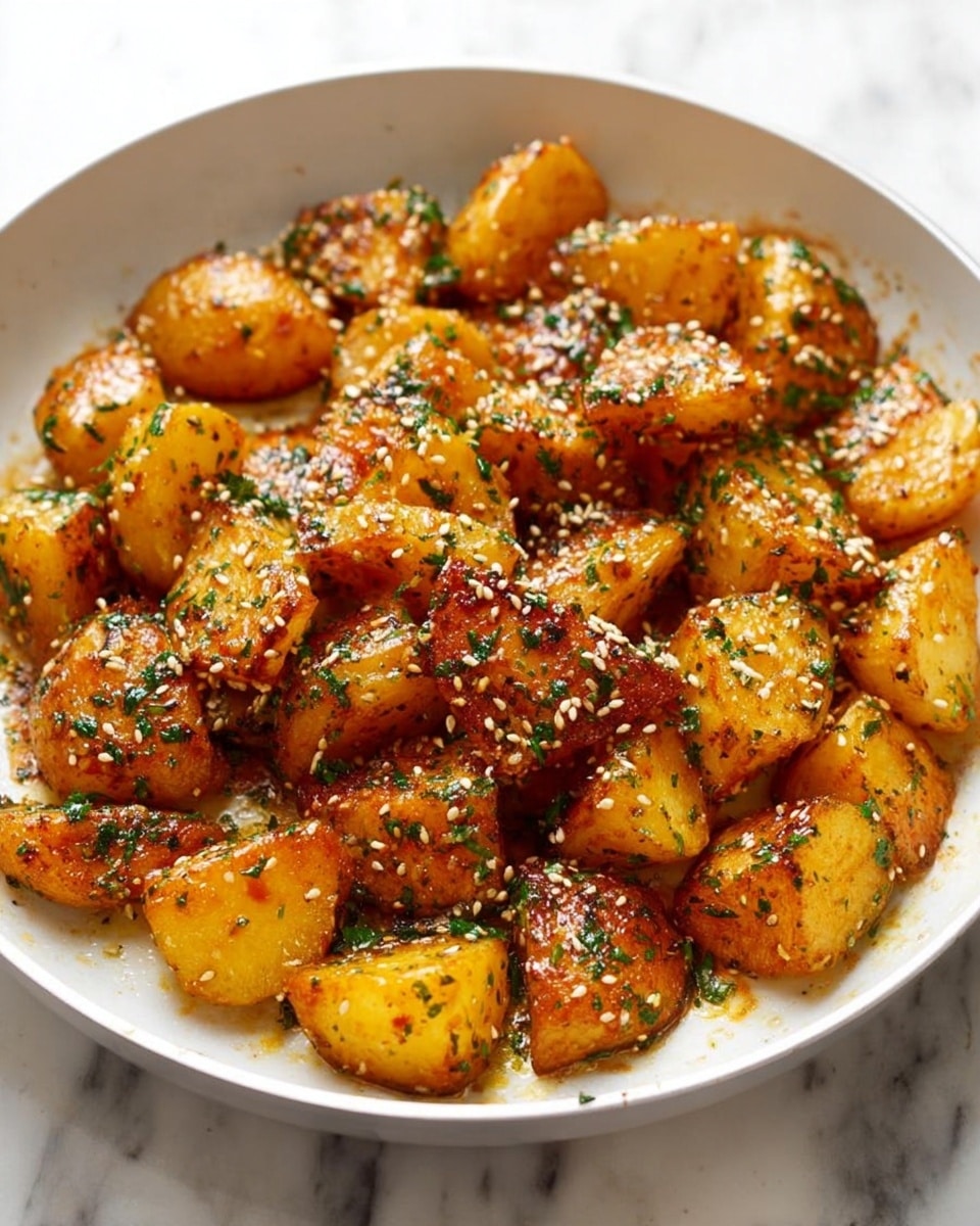 The image shows golden-brown roasted potato pieces with crispy edges, each piece cut into thick irregular chunks. The potatoes are coated with a glossy layer of seasoning and oil that adds shine and a slightly caramelized texture. Scattered evenly on top are small white sesame seeds and finely chopped fresh green herbs, adding color contrast. The potatoes sit in a pan with leftover bits of seasoning and caramelized oil, giving a rustic and appetizing look. The whole scene is lit warmly, emphasizing the rich golden tones of the potatoes. Photo taken with an iphone --ar 4:5 --v 7