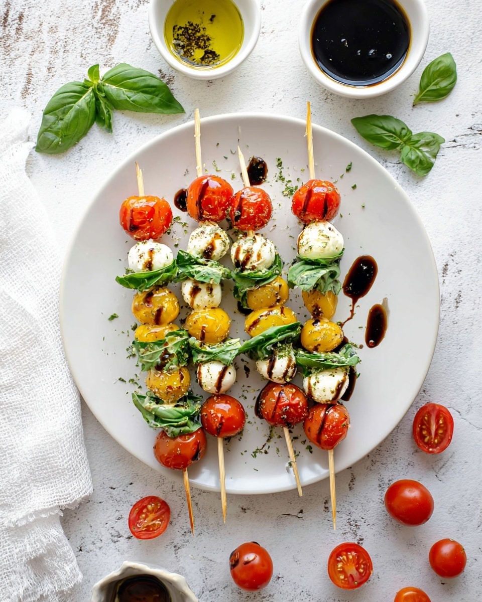 The image shows five skewers of caprese salad arranged on a white plate, each skewer consisting of three layers: a red cherry tomato on top, followed by fresh green basil leaves, then small white mozzarella balls, and golden yellow cherry tomatoes, repeating the basil and mozzarella layers. The skewers are drizzled with dark balsamic glaze and light olive oil, with scattered black pepper visible on the ingredients. Around the plate, there are loose red cherry tomatoes, fresh basil leaves, a small white bowl of olive oil with herbs, and another small white bowl with balsamic glaze, all placed on a white marbled surface. A white cloth napkin is partially seen on the left side. Photo taken with an iphone --ar 4:5 --v 7