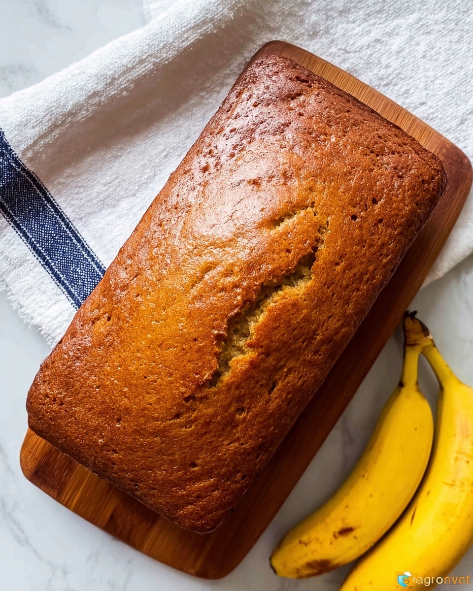 A rectangular loaf of banana bread with a golden brown, slightly cracked top crust sits on a wooden board. The bread looks moist and soft with a smooth texture. Next to the loaf, there are two ripe, yellow bananas with brown spots placed on a white surface covered partially by a white cloth with dark blue stripes. The photo has a clean look with the white marbled background visible below the board and cloth. photo taken with an iphone --ar 4:5 --v 7