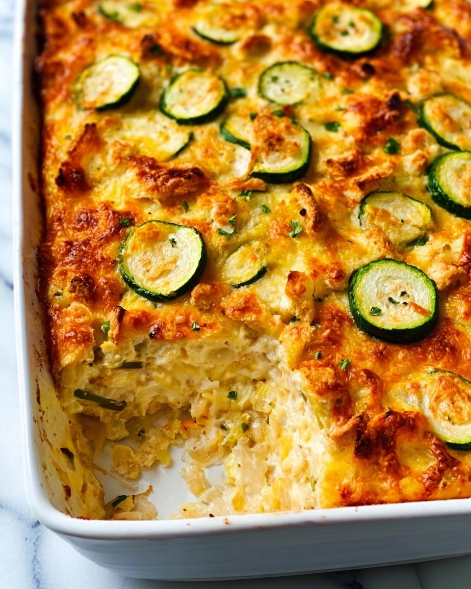 The image shows a white rectangular baking dish filled with a baked casserole. The top layer is golden brown and crispy with scattered pieces of melted cheese and small slices of lightly cooked green zucchini. Below the top crust are creamy, soft layers of mixed yellow and white ingredients that look like a cheesy egg mixture with bits of herbs visible. The casserole has a slightly uneven surface with some browned spots, showing a well-baked texture. The dish rests on a white marbled surface. Photo taken with an iphone --ar 4:5 --v 7