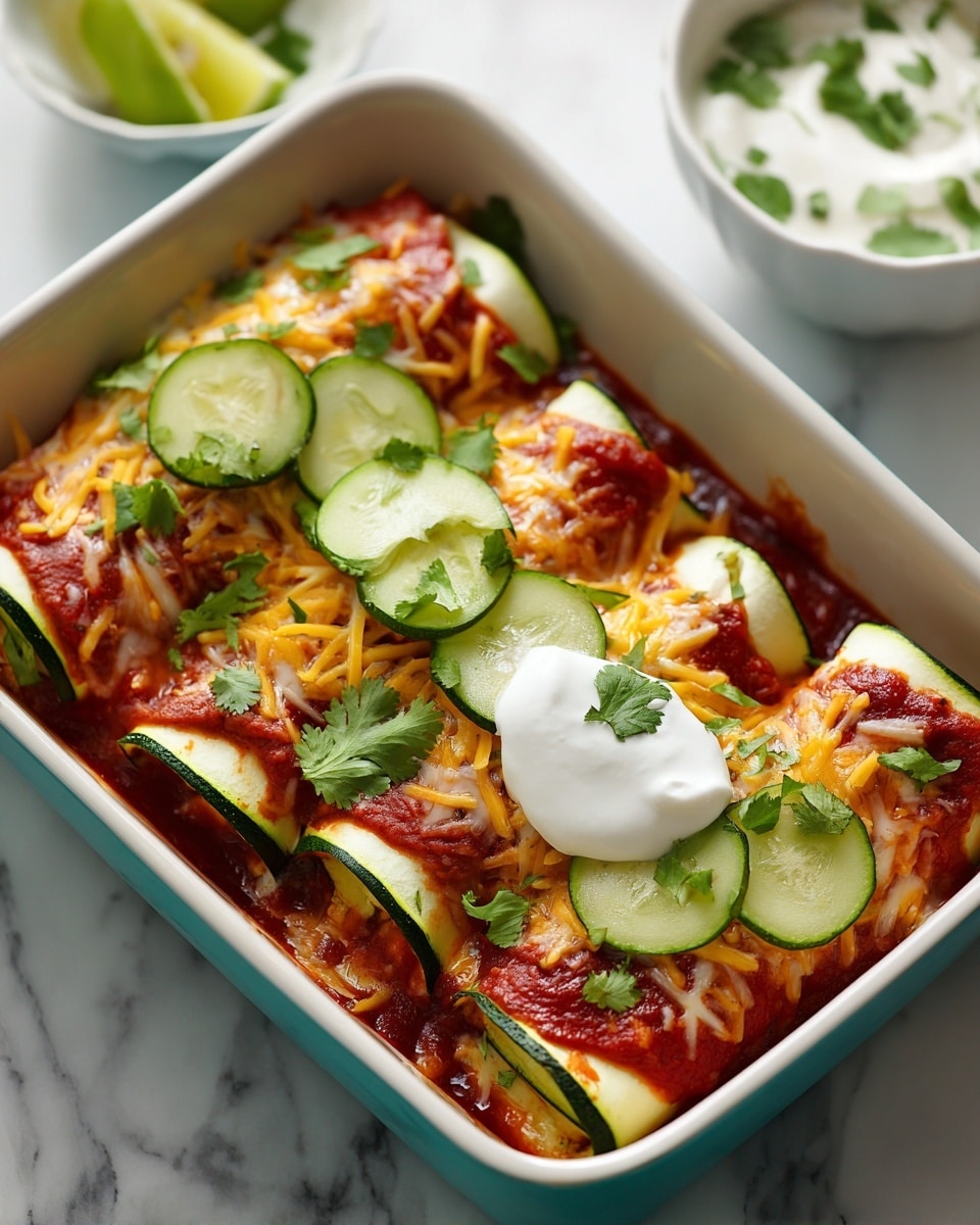 The image shows a white rectangular baking dish filled with three zucchini roll-ups arranged side by side. Each roll-up is wrapped in thin green zucchini slices, filled, and covered with bright red tomato sauce. Melted shredded cheese in yellow and white is generously sprinkled on top of the sauce, melting into a gooey texture. Fresh green cilantro leaves are scattered on top along with several thin, round slices of cucumber placed on each roll-up. A dollop of smooth white sour cream sits on the front roll-up. In the background, a small white bowl with a creamy white sauce and green garnish is slightly visible, all set on a white marbled surface. Photo taken with an iphone --ar 4:5 --v 7