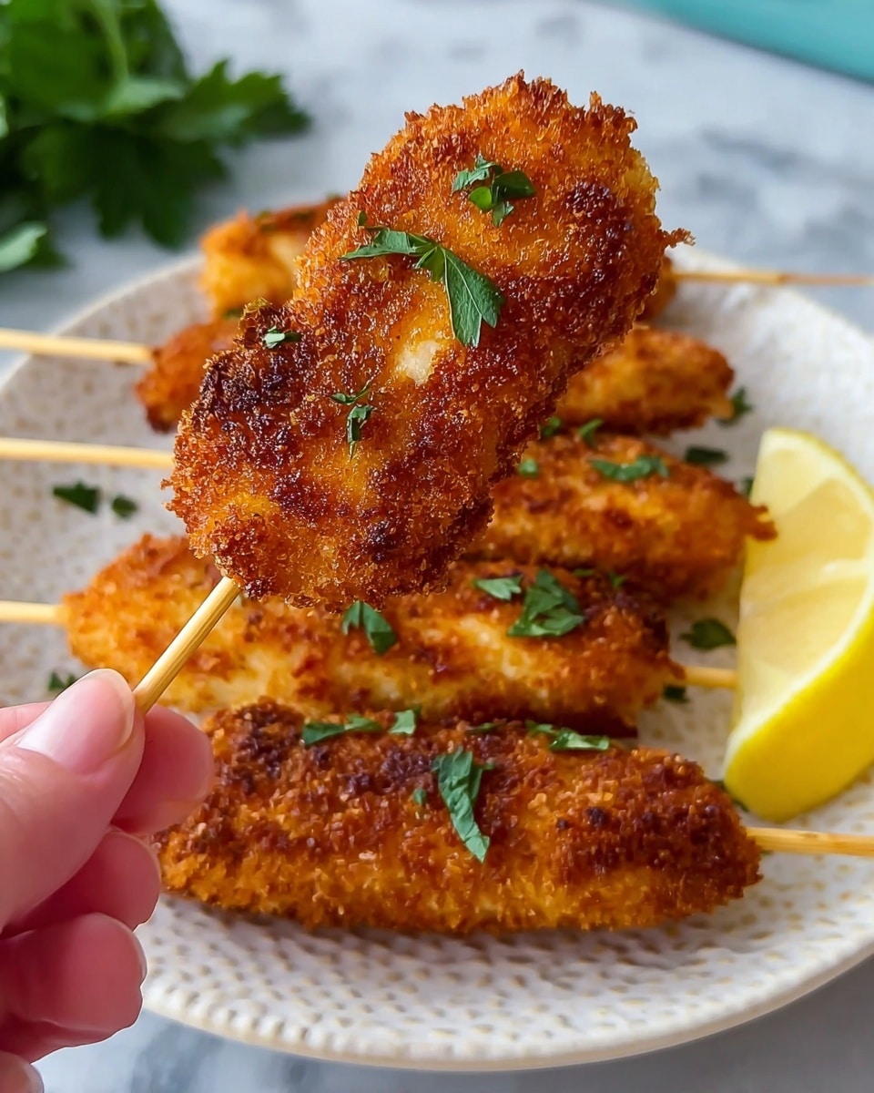 The image shows six golden-brown rectangular fried fish sticks stacked in two layers on a white plate with a detailed, embossed edge. Each fish stick is pierced through the middle with a small wooden skewer. The fish sticks have a crispy texture and are sprinkled with finely chopped green herbs. Behind them, on the plate, are four yellow lemon wedges arranged upright and a few green lettuce leaves peeking out from behind the fish sticks. The plate is set on a white marbled surface. photo taken with an iphone --ar 4:5 --v 7