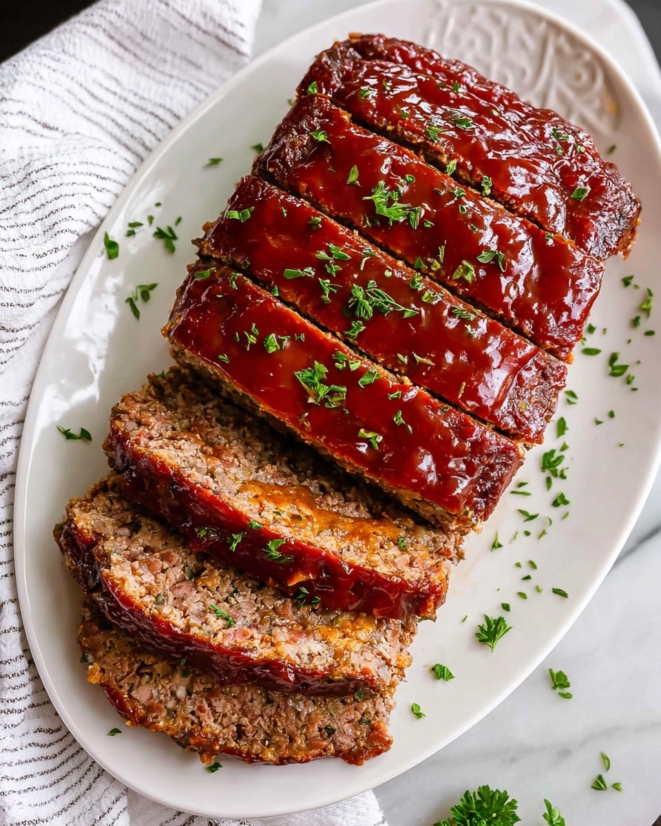 A rectangular meatloaf is sliced into six pieces, with the front two slices slightly separated from the main loaf. The meatloaf has a cooked brown texture inside with visible bits of ingredients, while the top is covered in a shiny, thick reddish-brown glaze spread evenly. Small green herb leaves are sprinkled over the glaze and around the edges of the meatloaf on a white oval plate with a subtle embossed design near the rim. The plate sits on a white marbled surface partially covered by a white and gray striped cloth at the lower left. photo taken with an iphone --ar 4:5 --v 7