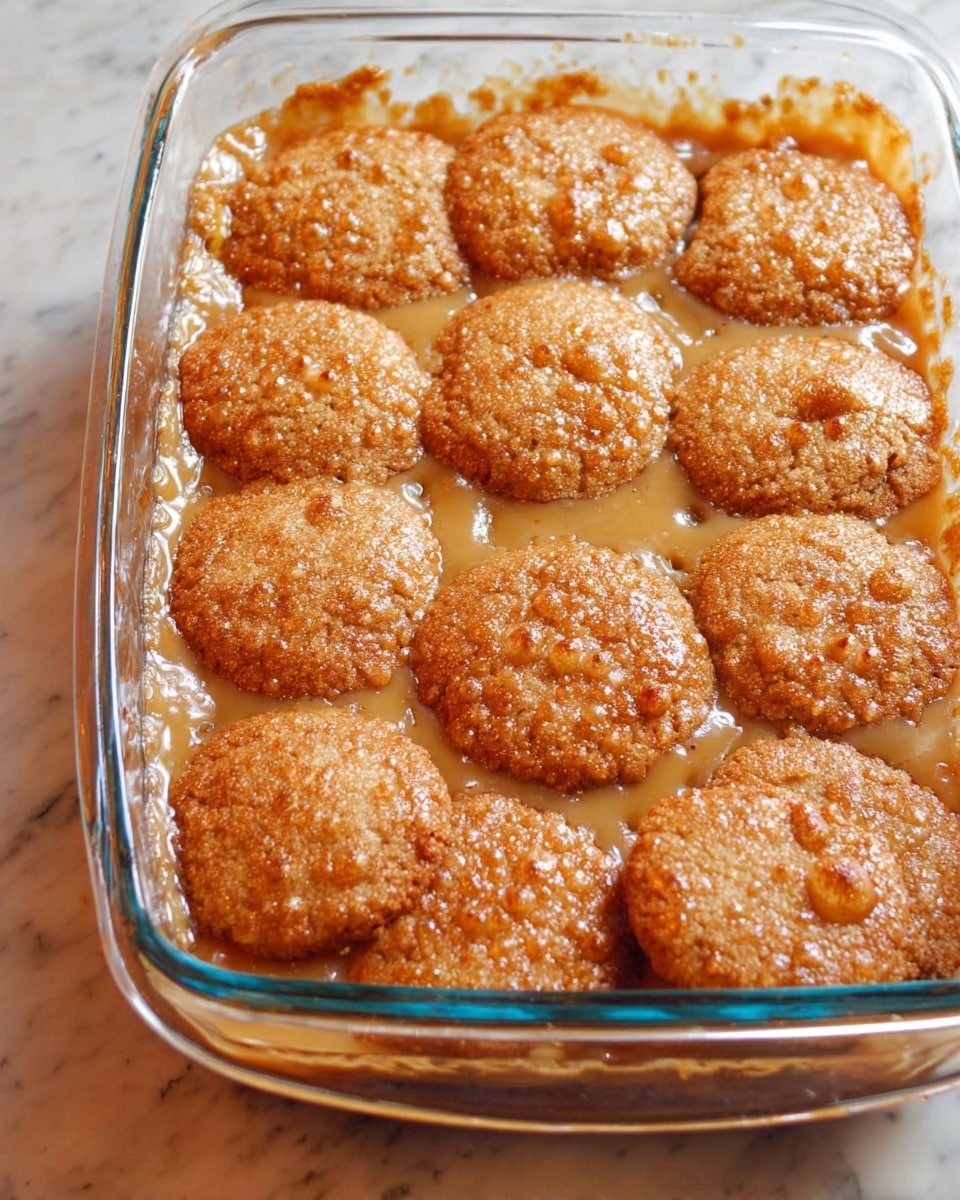 A clear glass baking dish filled with round, golden brown cookies that appear soft and slightly sticky on top, layered closely together in a single layer. The cookies have a textured surface with small bubbles and a shiny glaze around them, indicating a gooey and moist filling underneath. The edges of the dish have a similar sticky residue, suggesting melted caramel or syrup. The background is a white marbled texture that contrasts with the warm, caramel tones of the cookies. photo taken with an iphone --ar 4:5 --v 7