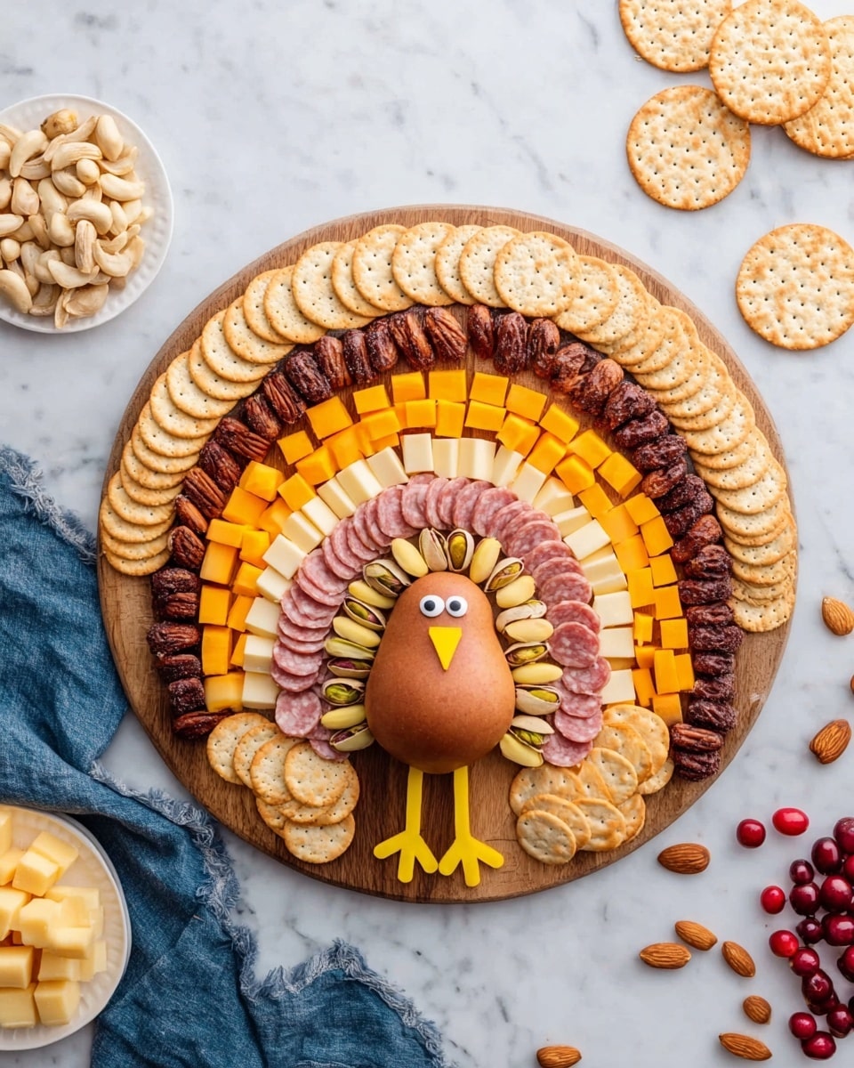 A wooden board displays a turkey-shaped snack with six colorful layers arranged in an arc above it. The bottom layer is light golden round crackers, followed by a layer of marbled orange and white cheese squares. Above that is a layer of circular brown deli meat slices, then a line of light beige pistachios. Next comes a row of more deli meat slices, then bright orange cheese squares, and finally a row of whole almonds at the top. The turkey body is made from a brown pear with almond wings, round crackers forming a fan shape for tail feathers, and eyes with a small cheese triangle as a beak and legs. Around the board are white plates with cheese squares, crackers topped with meat and cheese, and scattered almonds, pistachios, and a few red berries, all on a white marbled surface. Photo taken with an iphone --ar 4:5 --v 7
