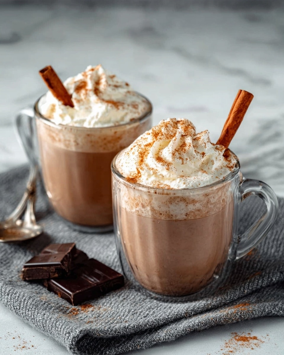 The image shows two clear glass cups filled with a light brown drink topped with fluffy white whipped cream sprinkled with a light dusting of cinnamon or nutmeg. Each cup has a cinnamon stick placed inside, peeking out from the cream. The drinks sit side by side on a soft, textured gray cloth, with pieces of dark chocolate and a silver spoon nearby. The background is a white marbled surface. Photo taken with an iphone --ar 4:5 --v 7