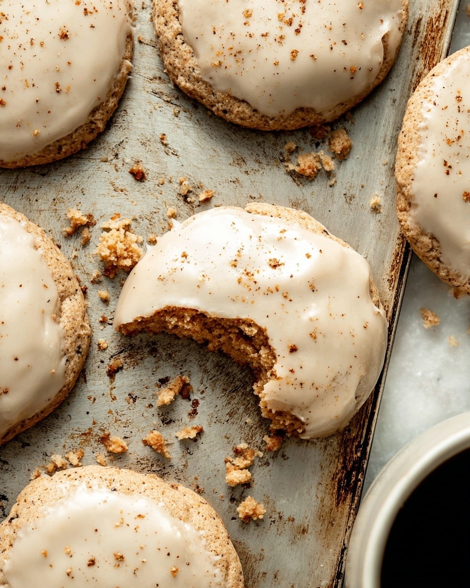 The image shows thick, round cookies with a rough, crumbly texture on a baking tray, covered with a smooth, pale beige icing that has a slight sheen and is sprinkled with small brown specks, possibly cinnamon or nutmeg. One cookie in the center is partially eaten, revealing a soft, golden-brown, crumbly inside. The tray beneath has a worn, slightly scratched look. Around the cookies are scattered crumbs, adding a casual, fresh-baked feel. Near the bottom right corner, part of a white cup filled with black coffee is visible against a white marbled texture. photo taken with an iphone --ar 4:5 --v 7