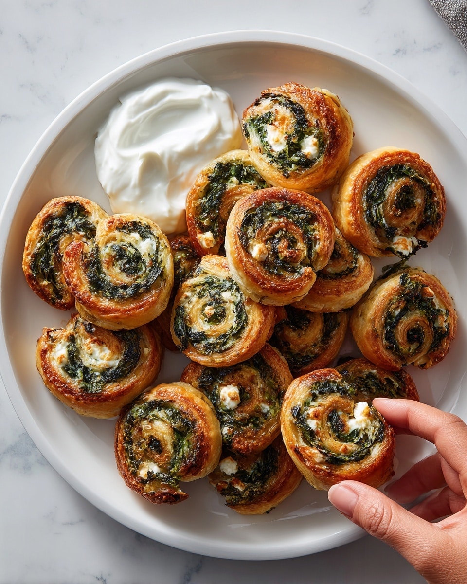A white plate is filled with many small spiral-shaped spinach and feta pinwheels, showing golden-brown flaky pastry with green spinach and white feta cheese inside each swirl. The pinwheels are arranged closely together, covering most of the plate. On one side of the plate, there is a dollop of thick white yogurt or cream. A woman's hand reaches into the frame to pick up one of the pinwheels. The plate sits on a white marbled textured surface. Photo taken with an iphone --ar 4:5 --v 7