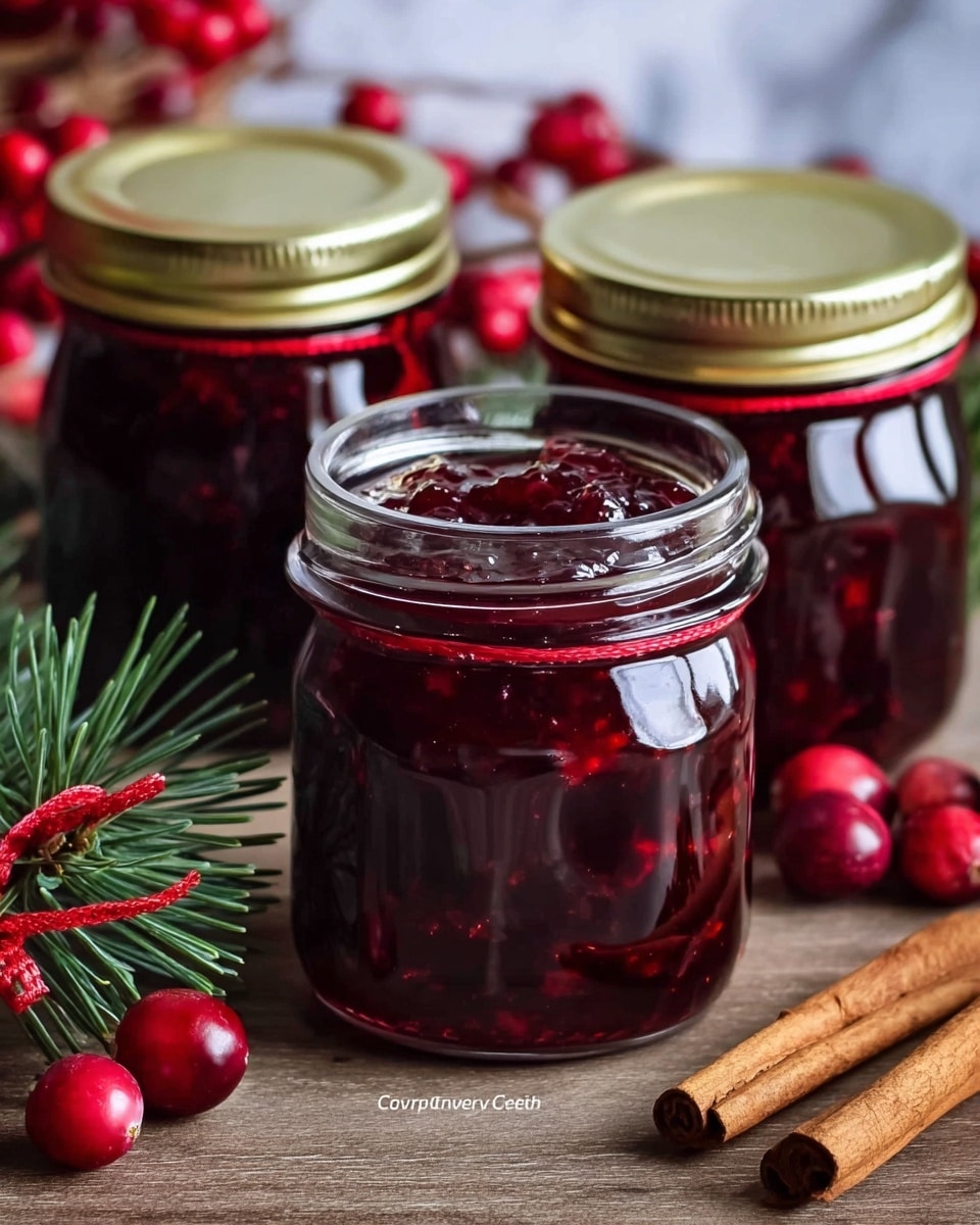 Three small glass jars filled with dark red, thick jam with visible bits inside are placed on a wooden surface. The jars have gold metal lids and are grouped closely, with sprigs of green pine and a red string around them adding a festive touch. Bright red cranberries sit to the right, and a light brown cinnamon stick lies in the foreground. The background has a soft, out-of-focus white marbled texture. photo taken with an iphone --ar 4:5 --v 7