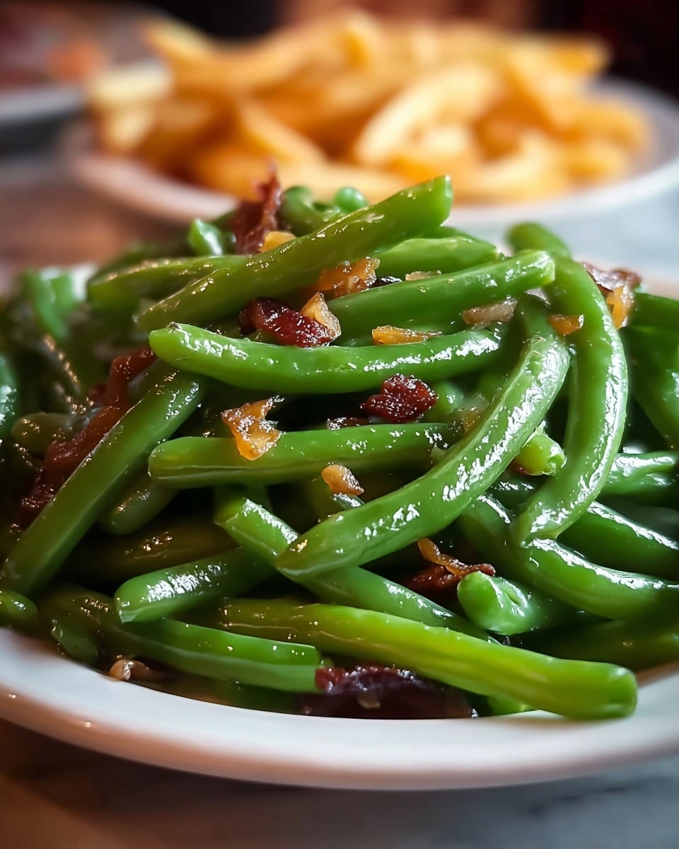 A close-up of a white plate filled with glossy green beans cooked with small pieces of brown bacon or ham mixed in, giving a shiny, slightly oily texture. The green beans are piled in one thick layer, with the bacon bits scattered evenly throughout. In the blurred background, there is another white plate with what looks like light brown french fries. The whole scene sits on a white marbled surface. photo taken with an iphone --ar 4:5 --v 7