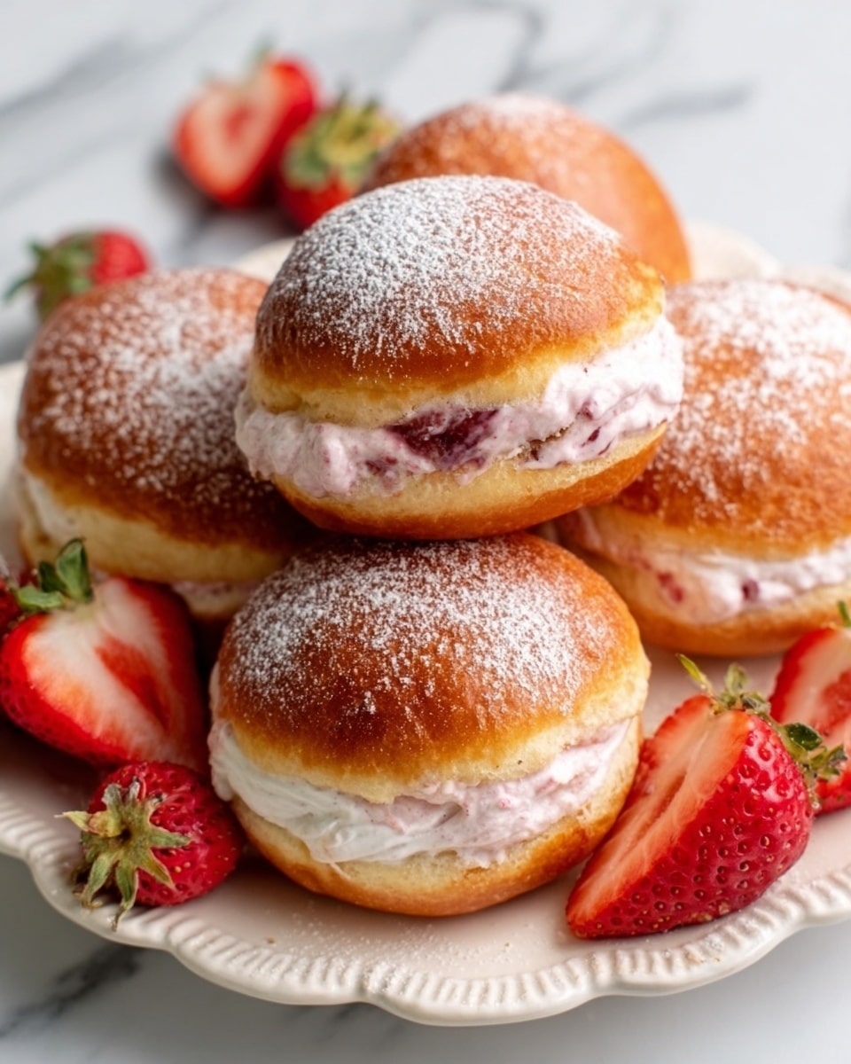The image shows several round, sugar-coated donuts placed in a white dish, each topped with a swirl of light brown cream and half a sliced strawberry. The donuts have a golden-brown color, and the sugar gives them a slightly rough texture. In the background, there is a white bowl filled with fresh whole strawberries and another white bowl containing more light brown cream. The setting is on a white marbled surface, giving a clean and bright look. A woman's hand is gently holding one donut from the dish. Photo taken with an iphone --ar 4:5 --v 7