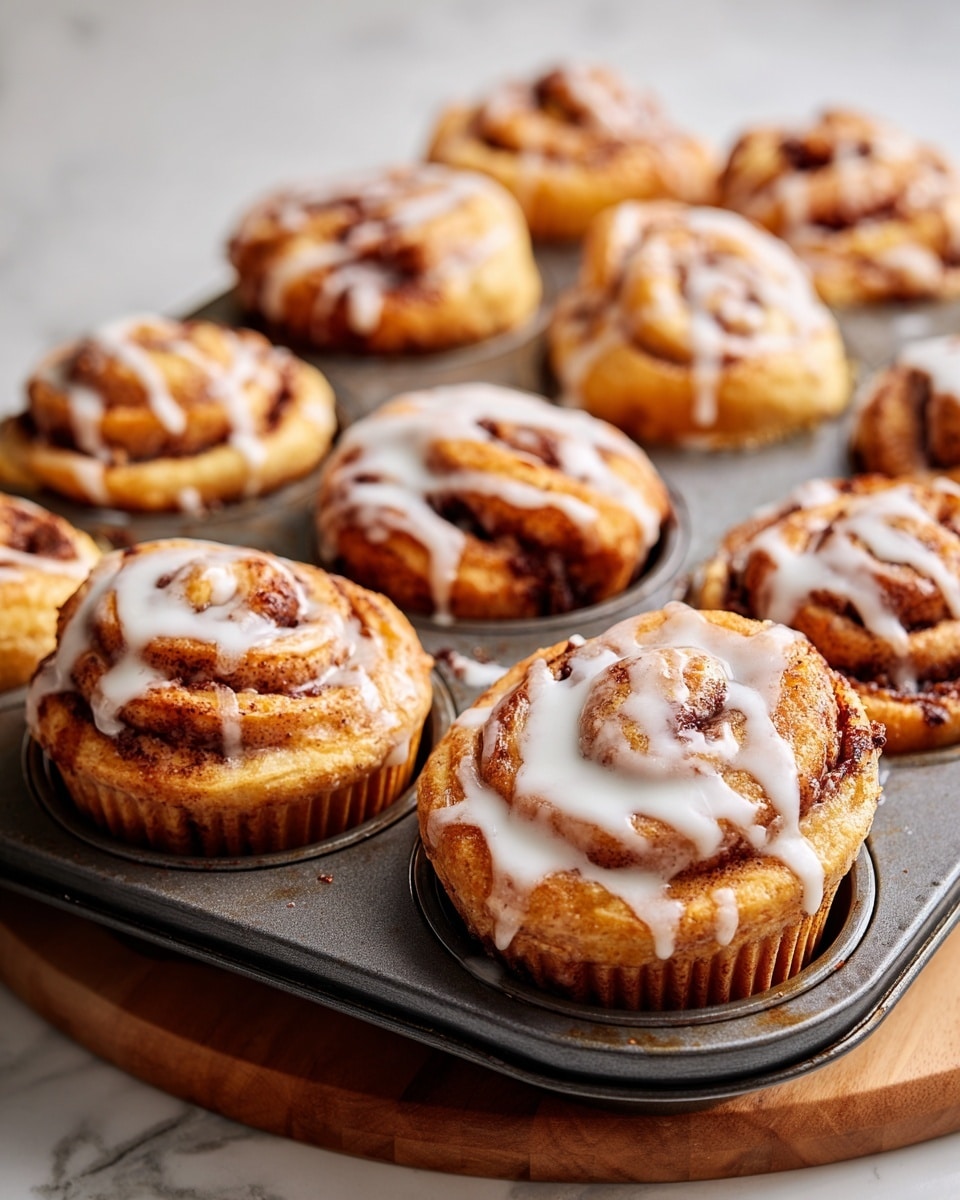 A close-up view of a muffin tray filled with twelve golden-brown cinnamon rolls, each with swirled layers of soft dough and dark cinnamon filling. The cinnamon rolls have a slightly crisp, browned top with white icing drizzled in thin, uneven lines across each one. The muffin cups are dark metal, and the tray sits on a round wooden board against a white marbled surface in the background. The texture of the rolls looks soft and fluffy with a sticky glaze effect from the icing, giving a fresh-baked, cozy appearance. photo taken with an iphone --ar 4:5 --v 7