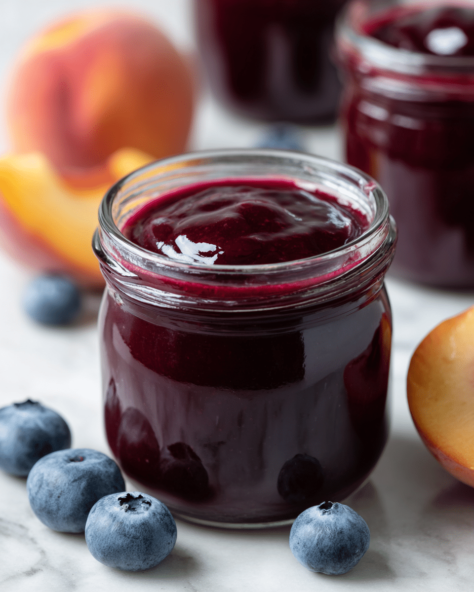 The image shows a small clear glass jar filled to the top with thick, dark purple-smooth jam or sauce. The jam has a slightly shiny and rich texture with small bits visible in it. Inside the jar, a silver spoon is dipped in, with the spoon handle sticking out to the right side. The jar sits on a light brown wooden board, which rests on a white marbled surface. Around the jar on the board, there are a few fresh blueberries and a red apple, adding natural color contrast. The whole scene looks clean and fresh. Photo taken with an iphone --ar 4:5 --v 7