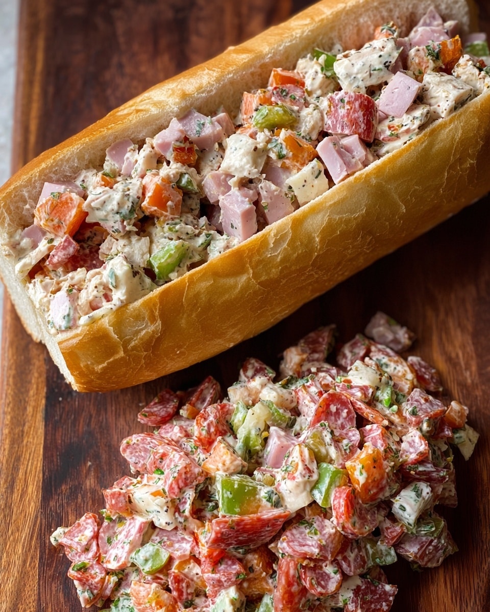 The image shows several thick sandwich halves placed on a wooden board. Each sandwich is made from a soft white hoagie roll sliced open and filled generously with a colorful mixture. The filling includes diced red tomatoes, green bell peppers, yellow peppers or banana peppers, finely chopped white onions, shredded white cheese, and small pieces of pink deli meats, all mixed evenly with a creamy sauce. The texture of the roll appears soft and slightly crusty on the outside, while the filling looks fresh and chunky with varied colors and textures. Photo taken with an iphone --ar 4:5 --v 7