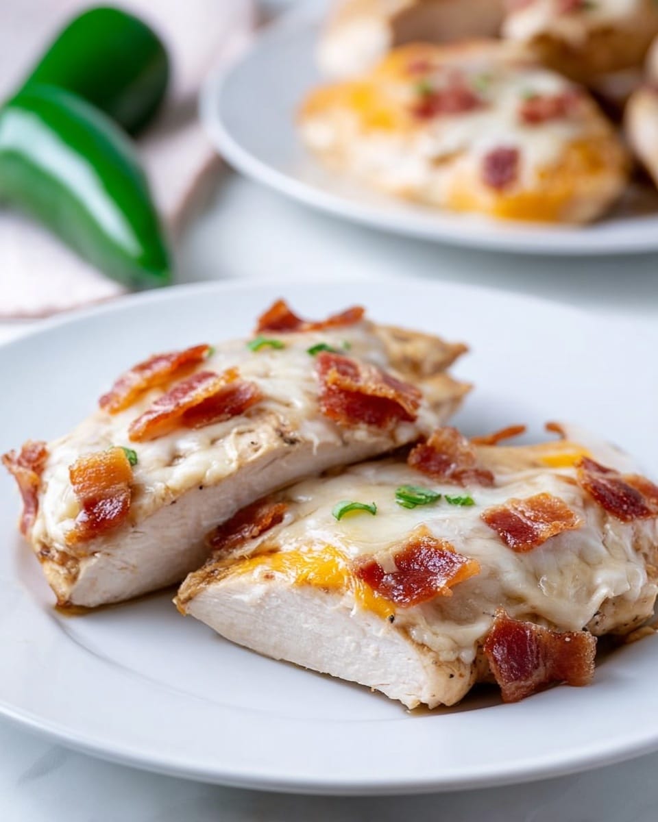 Four pieces of cooked chicken breast are placed in two rows of two on a white rectangular plate, each piece topped with melted cheese that is white with orange spots, covering most of the surface and slightly dripping over the edges. The chicken is light brown with grill marks and some seasoning visible. To the left, there is a white bowl filled with fresh green jalapeño peppers, sitting on a white marbled surface with a yellow and white check cloth and a partially visible cheese package in the background. photo taken with an iphone --ar 4:5 --v 7