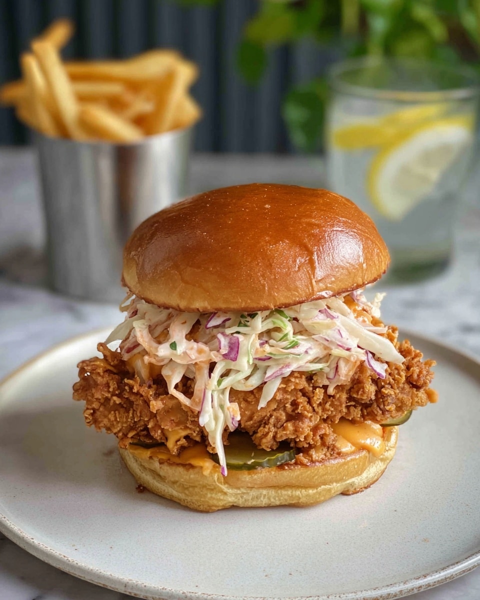 A close-up of a fried chicken sandwich on a white plate, showing four layers: the top golden-brown brioche bun with a shiny, smooth texture, a layer of creamy coleslaw made of shredded pale green cabbage and thin slices of purple onion, a thick piece of crispy golden brown fried chicken with a crunchy texture, and the bottom bun with visible pickles and a spread of light-colored sauce. In the background, there is a small metal basket of thick-cut fries and a glass of water with a lemon slice, all set on a white marbled surface. photo taken with an iphone --ar 4:5 --v 7