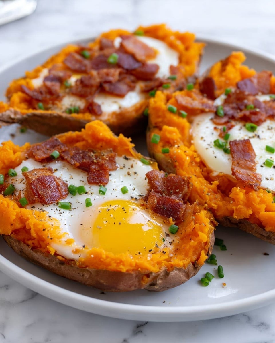 The image shows three baked sweet potato halves on a white plate, each filled with mashed sweet potato layer that is bright orange and fluffy in texture. Inside the hollowed center of each half is a cooked egg, with a shiny yellow yolk and white surrounding it. Crispy small bacon bits are scattered on top of the eggs and sweet potato, adding a reddish-brown color and crunchy texture. Small green chives are sprinkled over the whole dish along with black pepper flakes for seasoning. The white marbled surface underneath the plate adds a clean and fresh look. Photo taken with an iphone --ar 4:5 --v 7