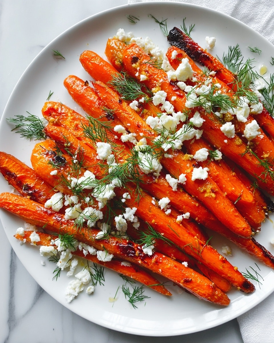 A dish of roasted carrots cut in half lengthwise, arranged in a single layer on a white plate. The carrots have a bright orange color with some charred spots showing a slightly crispy texture. On top, there are scattered small white crumbles of cheese and fresh green dill sprinkles evenly spread over the carrots and plate edges. The plate is set on a white marbled surface with a soft natural light highlighting the fresh ingredients. photo taken with an iphone --ar 4:5 --v 7