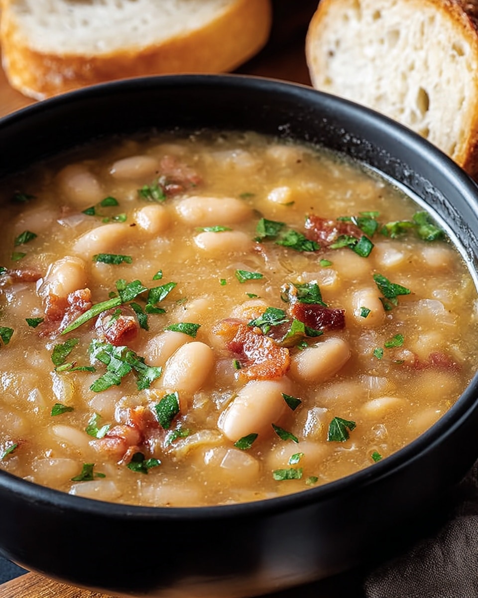 A close-up of a black bowl filled with thick white bean soup, showing soft white beans, small bits of browned bacon, finely chopped green herbs, and translucent cooked onions all mixed in a smooth, light brown broth. The bowl rests on a wooden surface with slices of crusty white bread partially visible in the background, set against a white marbled texture. The bean soup looks warm and hearty, with visible textures of beans and bacon pieces floating on top. Photo taken with an iphone --ar 4:5 --v 7