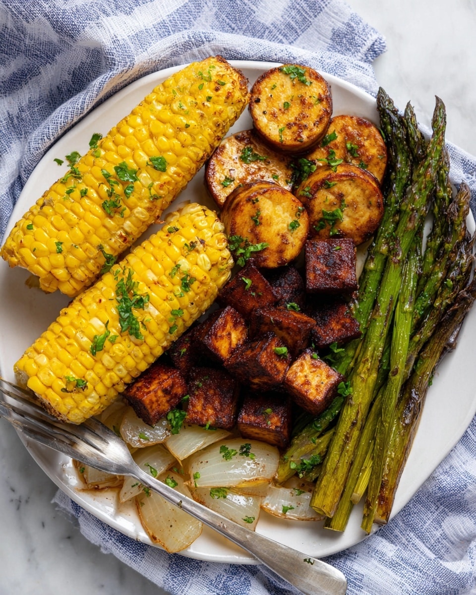 A white plate is filled with two bright yellow and white corn cobs placed at the top left, with green parsley sprinkled on them. Below the corn are dark brown roasted tofu cubes arranged neatly. At the center top, there are light brown seared round slices with a slightly crispy edge, garnished with small green herbs. Two green asparagus spears with a shiny, grilled texture lie diagonally from the middle to the top right of the plate. Near the bottom left, there are some lightly cooked white onion pieces with a bit of brown browning. A silver fork rests diagonally on the lower left edge of the plate. The plate sits on a white marbled surface with a soft blue and white striped cloth nearby. photo taken with an iphone --ar 4:5 --v 7