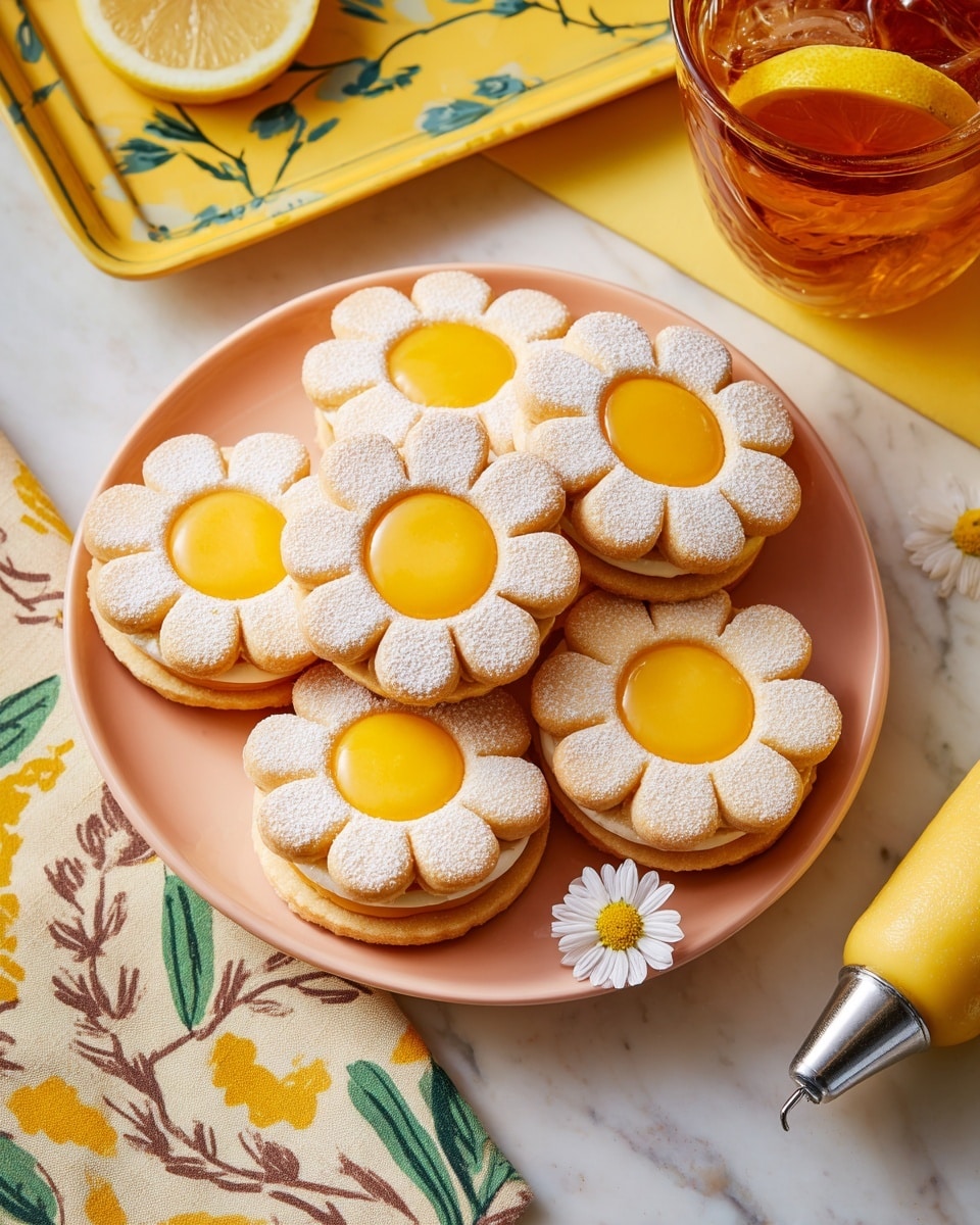 The image shows a pile of flower-shaped sandwich cookies arranged on a round peach-colored plate. Each cookie has two light beige layers with a smooth, glossy, golden yellow filling in the middle. The top cookie layer has a flower-shaped cutout in the center, revealing the bright filling, and is dusted with a light white powdered sugar. A small daisy flower is placed on the plate next to the cookies. The plate is set on a yellow tray with green leaf and brown branch patterns, and there is a glass of iced tea with lemon slices partially visible on the right side. A piping bag with yellow filling and a silver nozzle is nearby. The whole scene is on a white marbled surface. Photo taken with an iphone --ar 4:5 --v 7